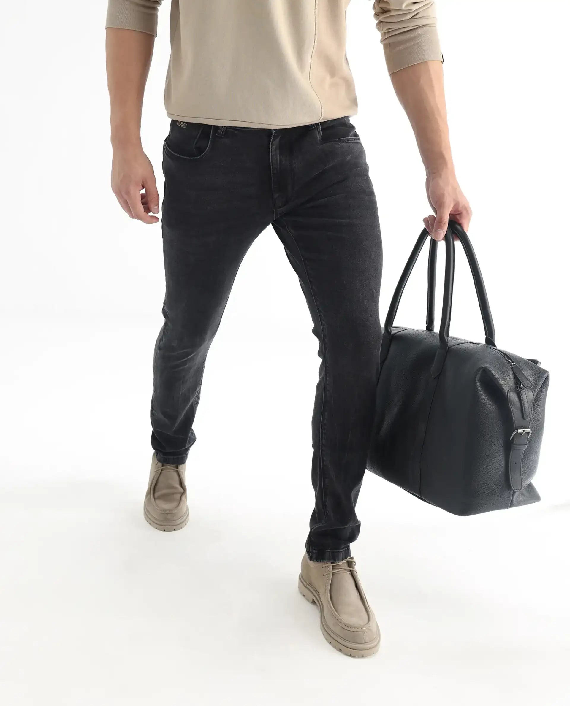 Rare Rabbit Men's Reney Black Cotton Plain Hawk Slim Fit Jeans