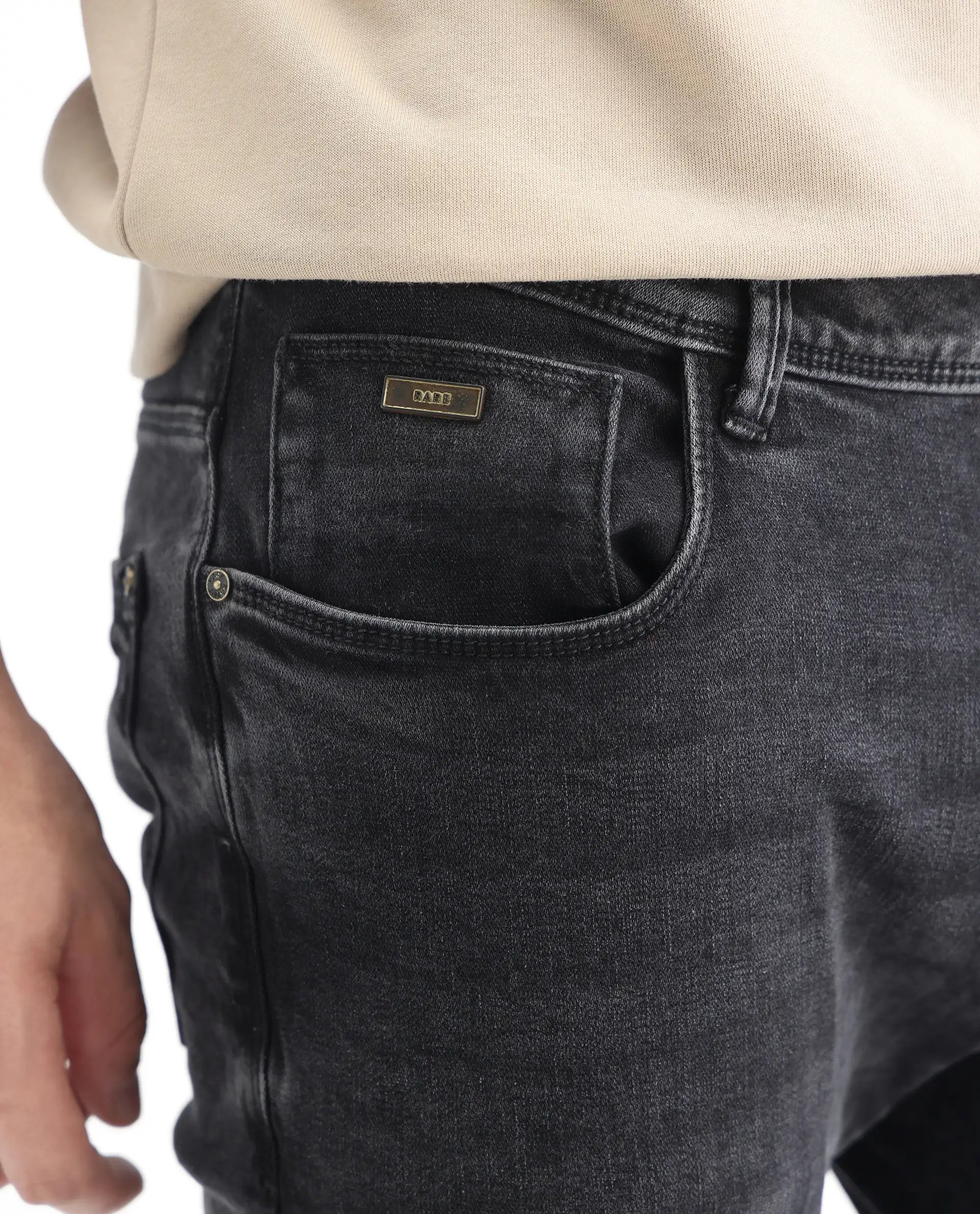 Rare Rabbit Men's Reney Black Cotton Plain Hawk Slim Fit Jeans