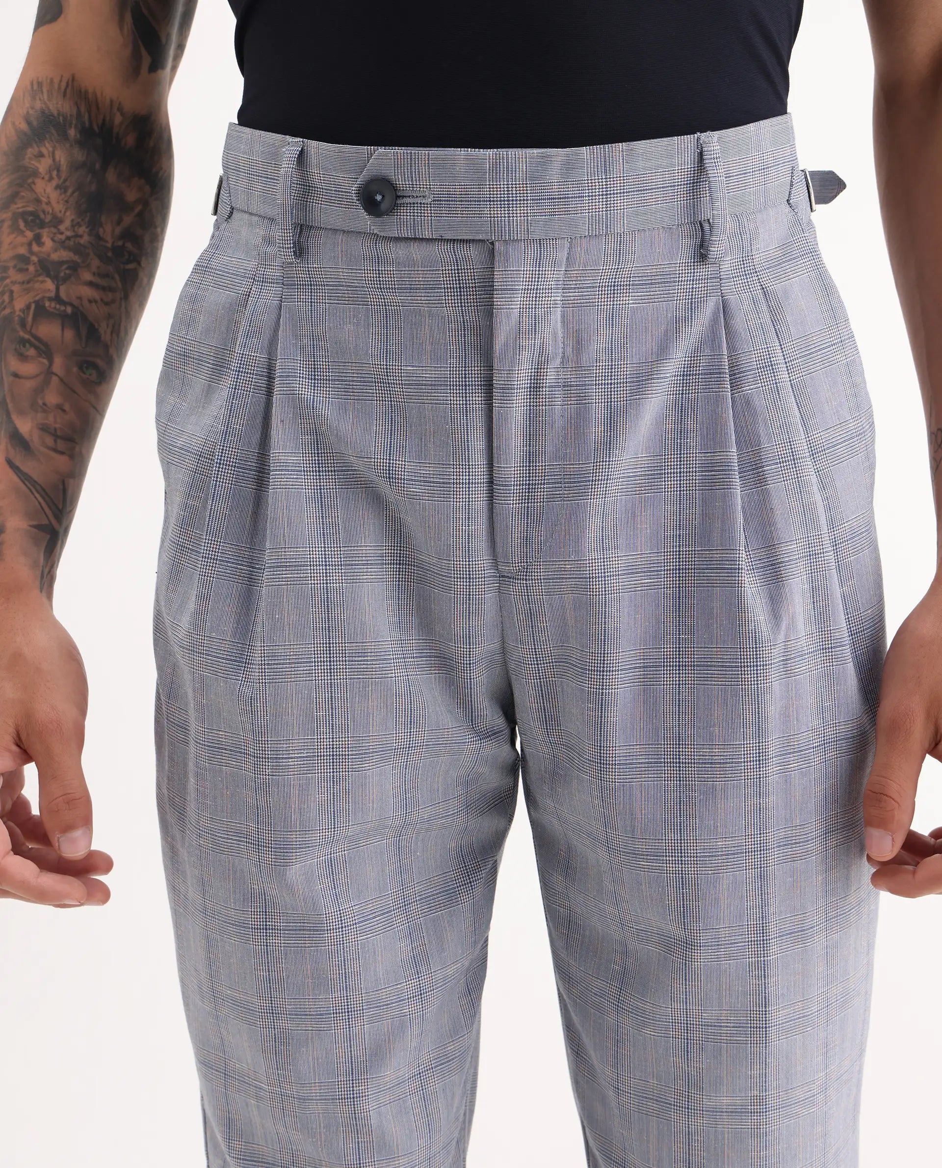 Rare Rabbit Men's Renot Blue Cotton Checked Print Regular Fit Trouser