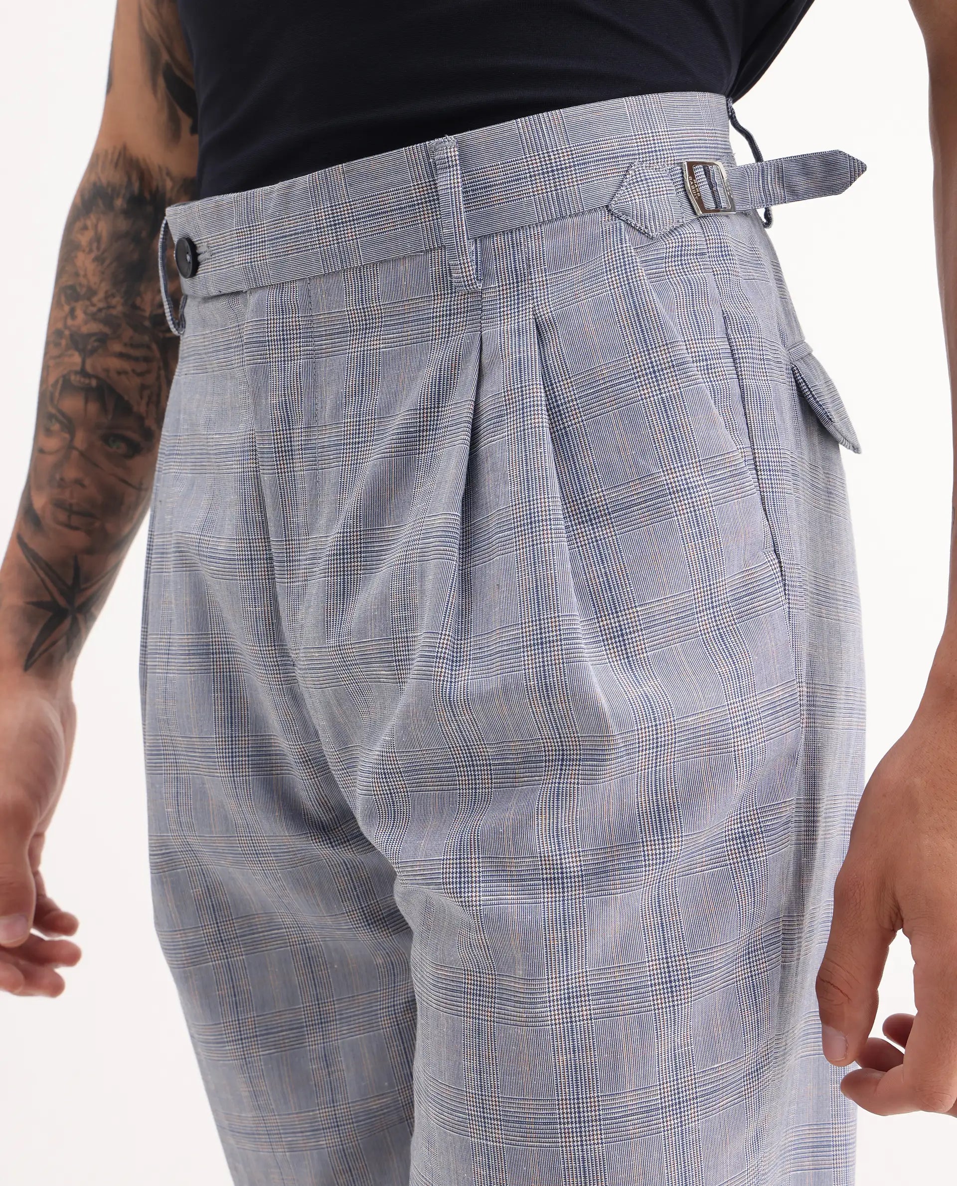 Rare Rabbit Men's Renot Blue Cotton Checked Print Regular Fit Trouser