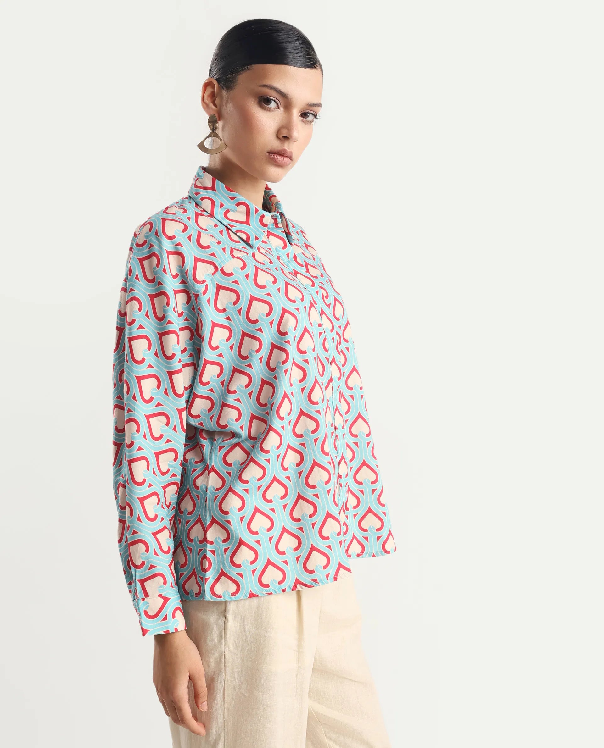 Rareism Women's Repece Multi Cotton Blend Drop Collar Geometric Print Boxy Fit Top