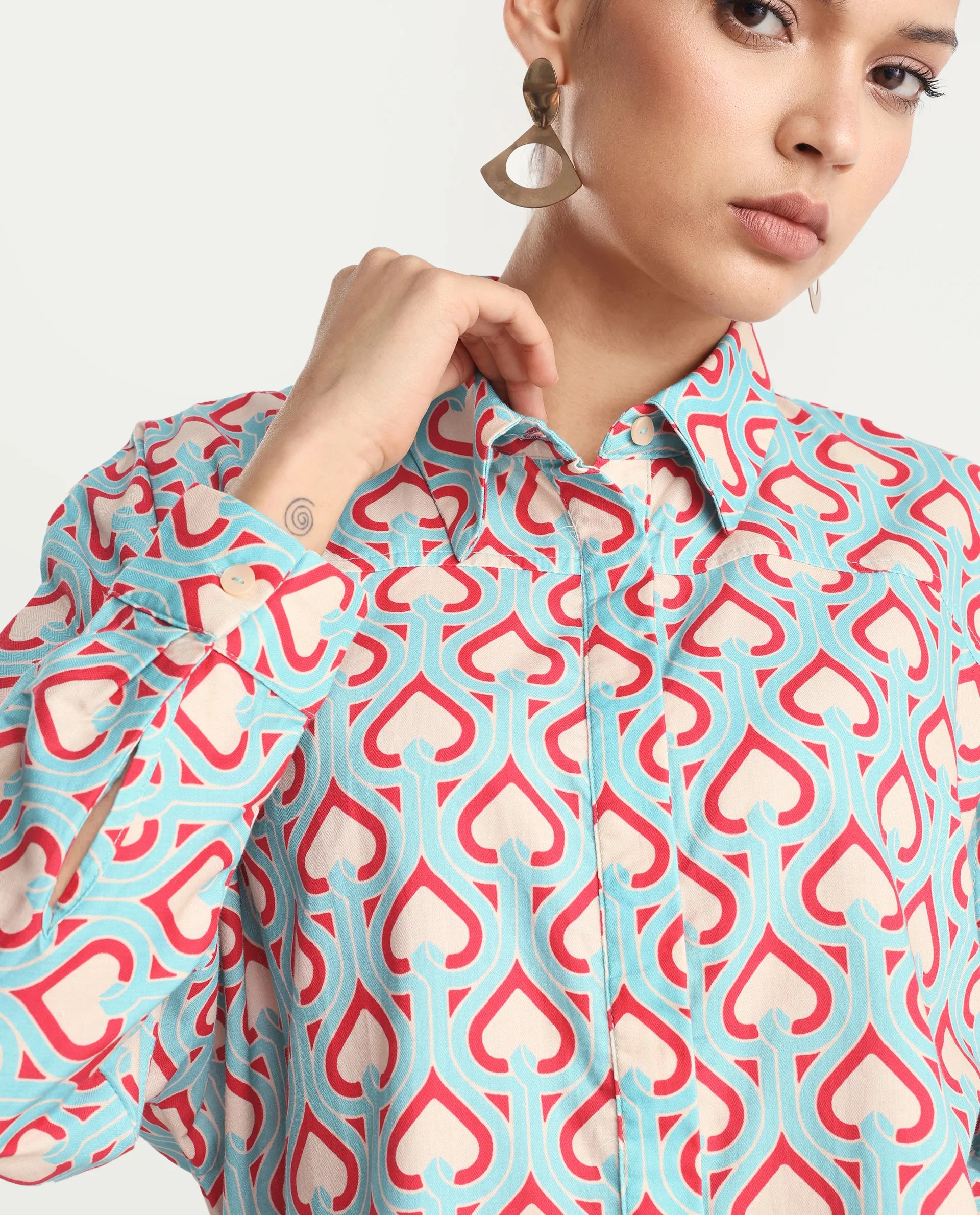 Rareism Women's Repece Multi Cotton Blend Drop Collar Geometric Print Boxy Fit Top