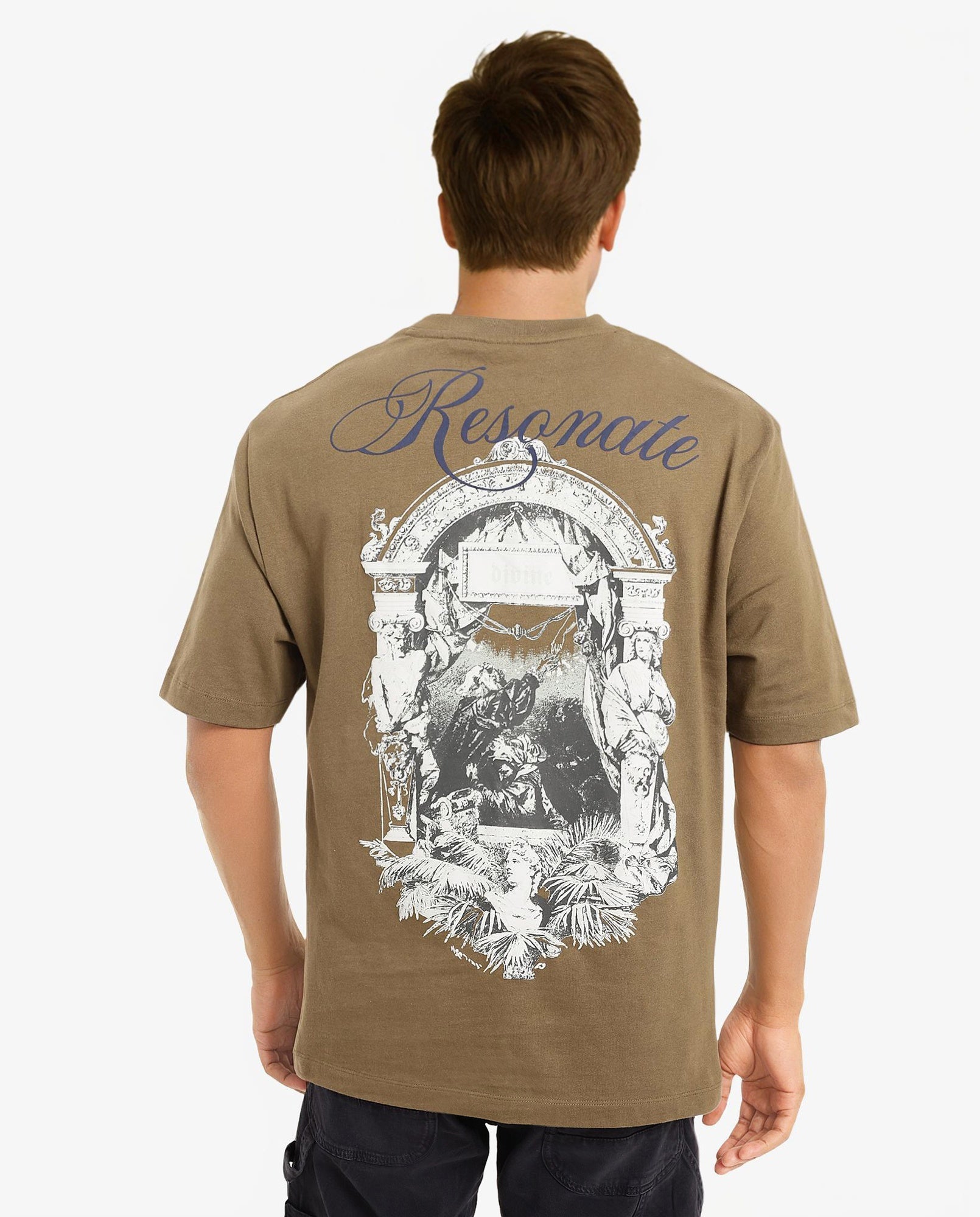 Rare Rabbit Men Reso Olive Cotton Fabric Short Sleeve Crew Neck Oversized Fit Back Graphic Print T-Shirt