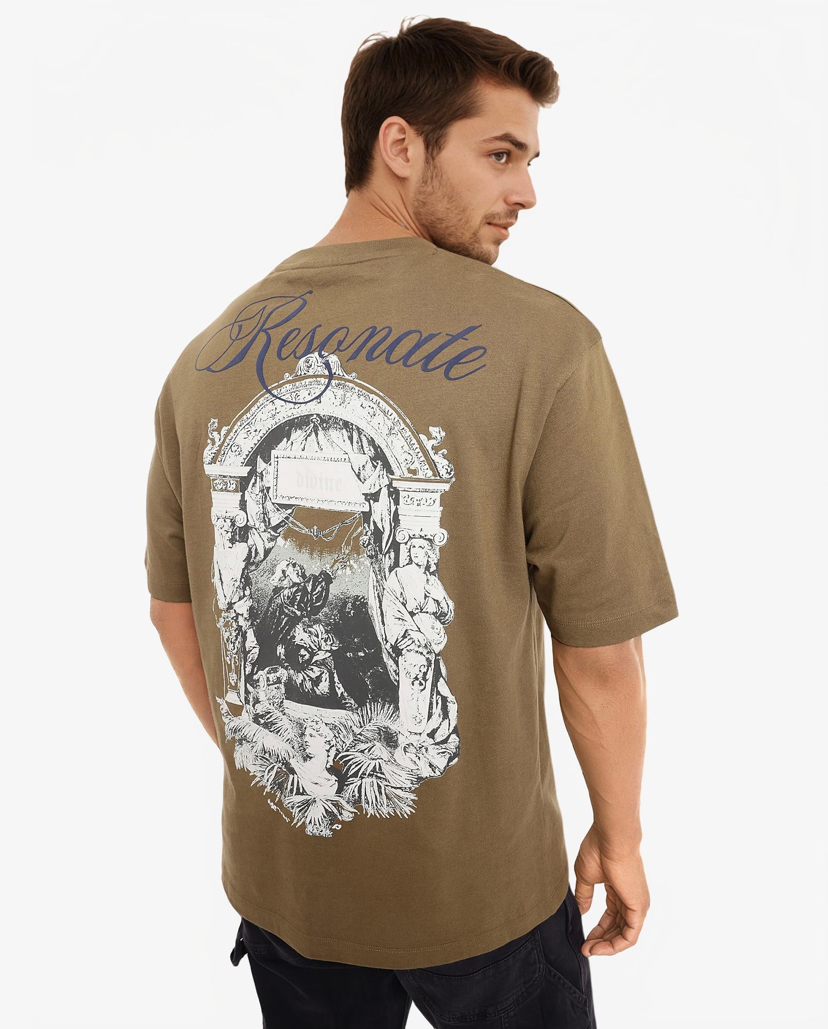 Rare Rabbit Men Reso Olive Cotton Fabric Short Sleeve Crew Neck Oversized Fit Back Graphic Print T-Shirt