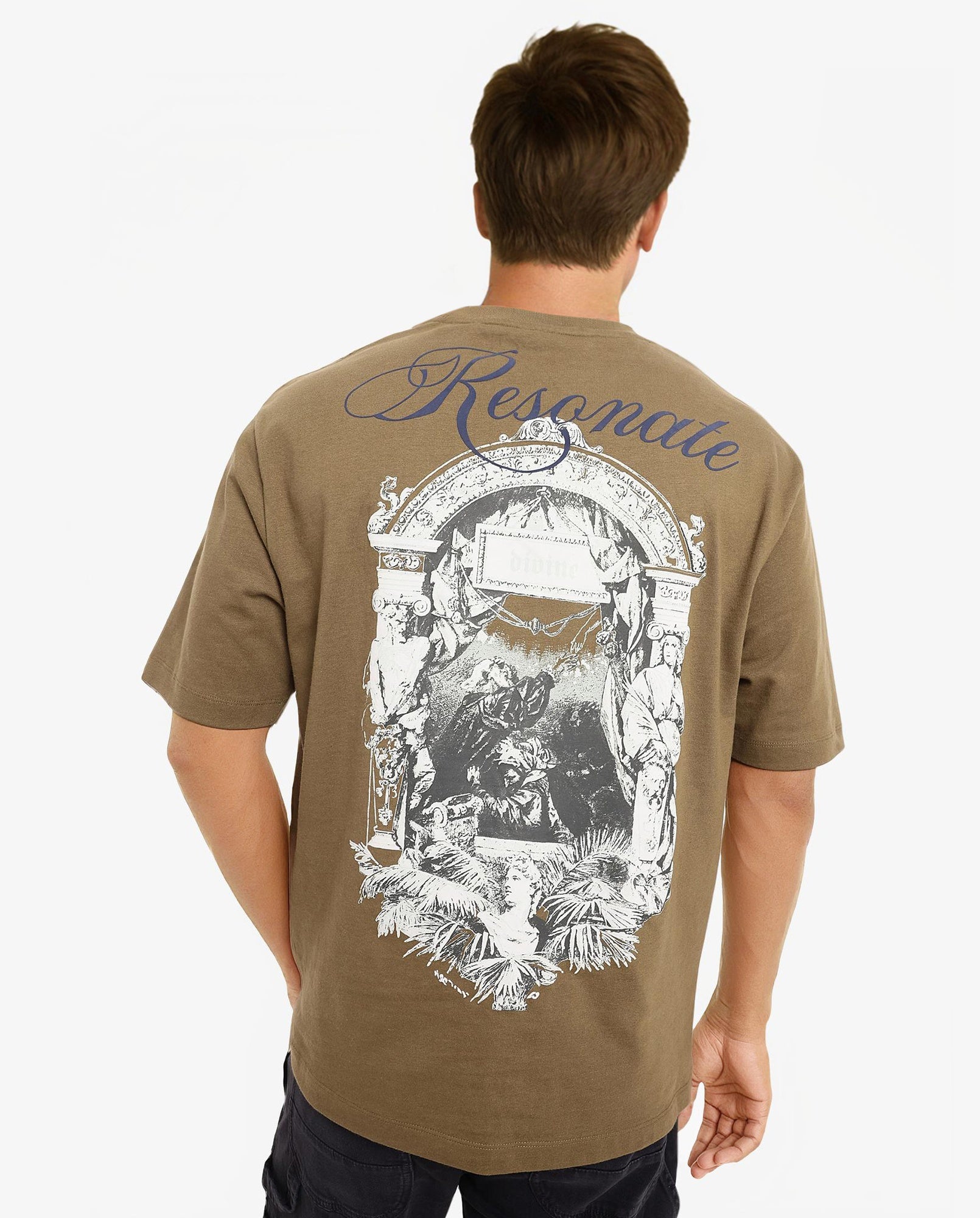 Rare Rabbit Men Reso Olive Cotton Fabric Short Sleeve Crew Neck Oversized Fit Back Graphic Print T-Shirt