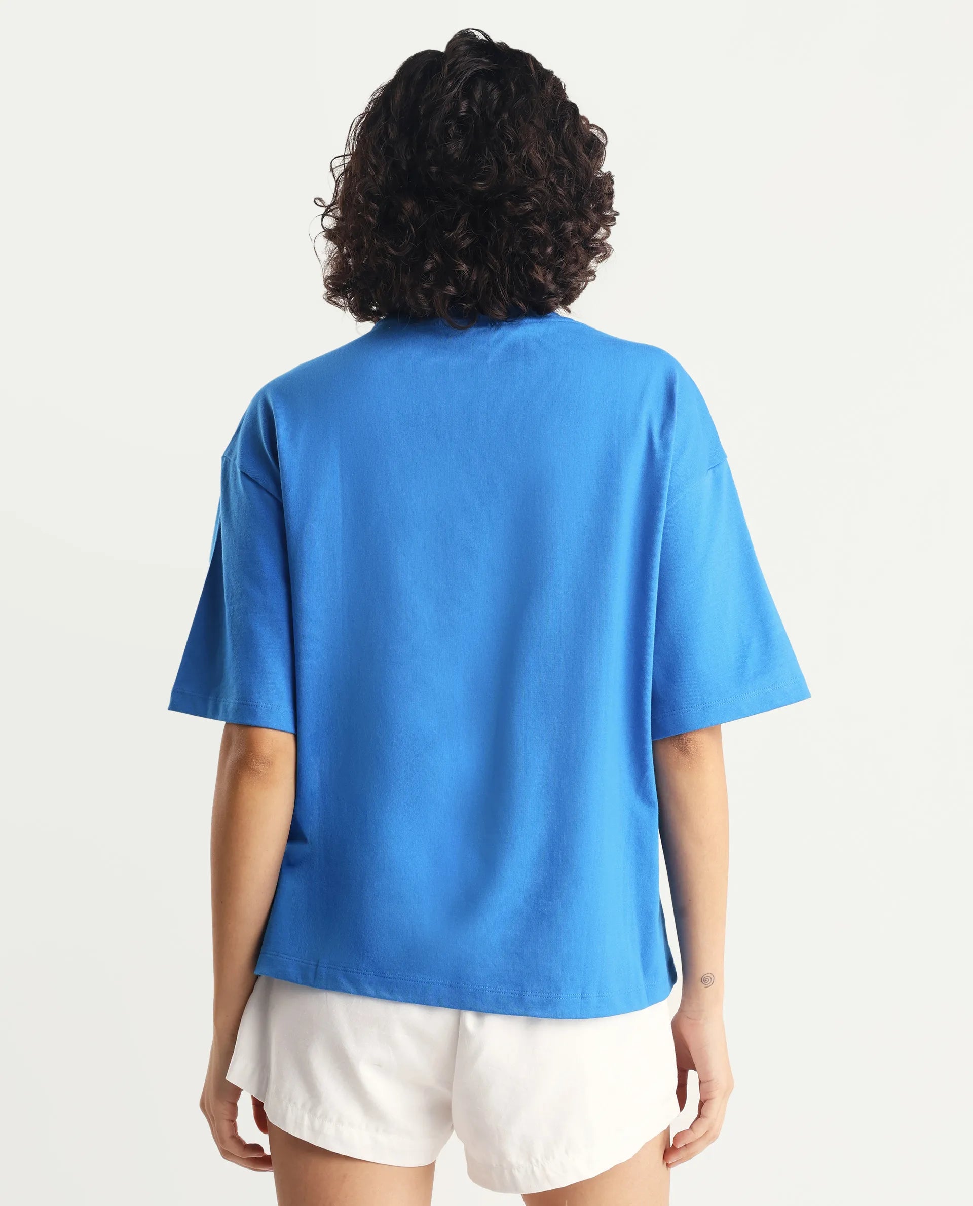 Rareism Women's Retriz Blue Cotton Crew Neck Graphic Print Oversized T-Shirt