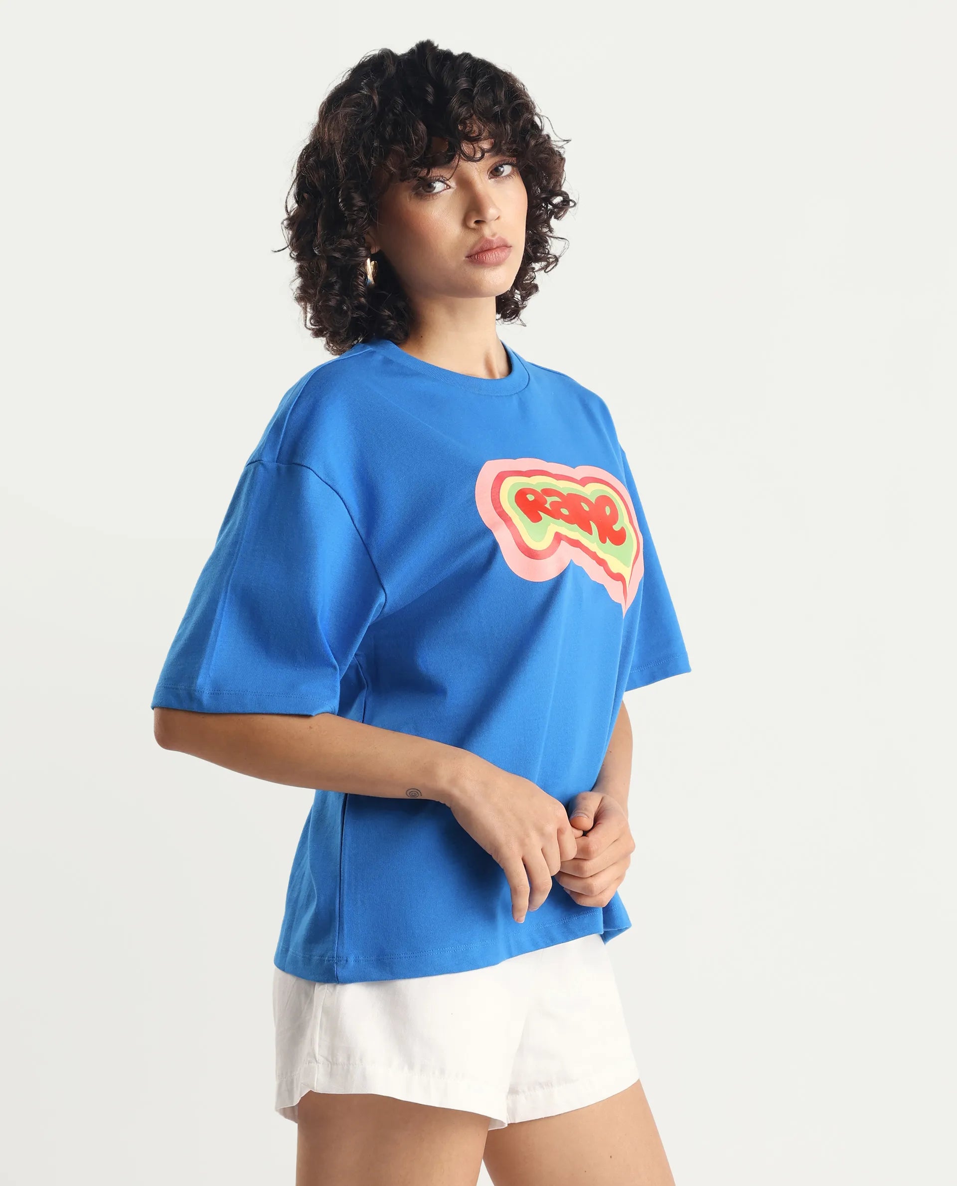 Rareism Women's Retriz Blue Cotton Crew Neck Graphic Print Oversized T-Shirt