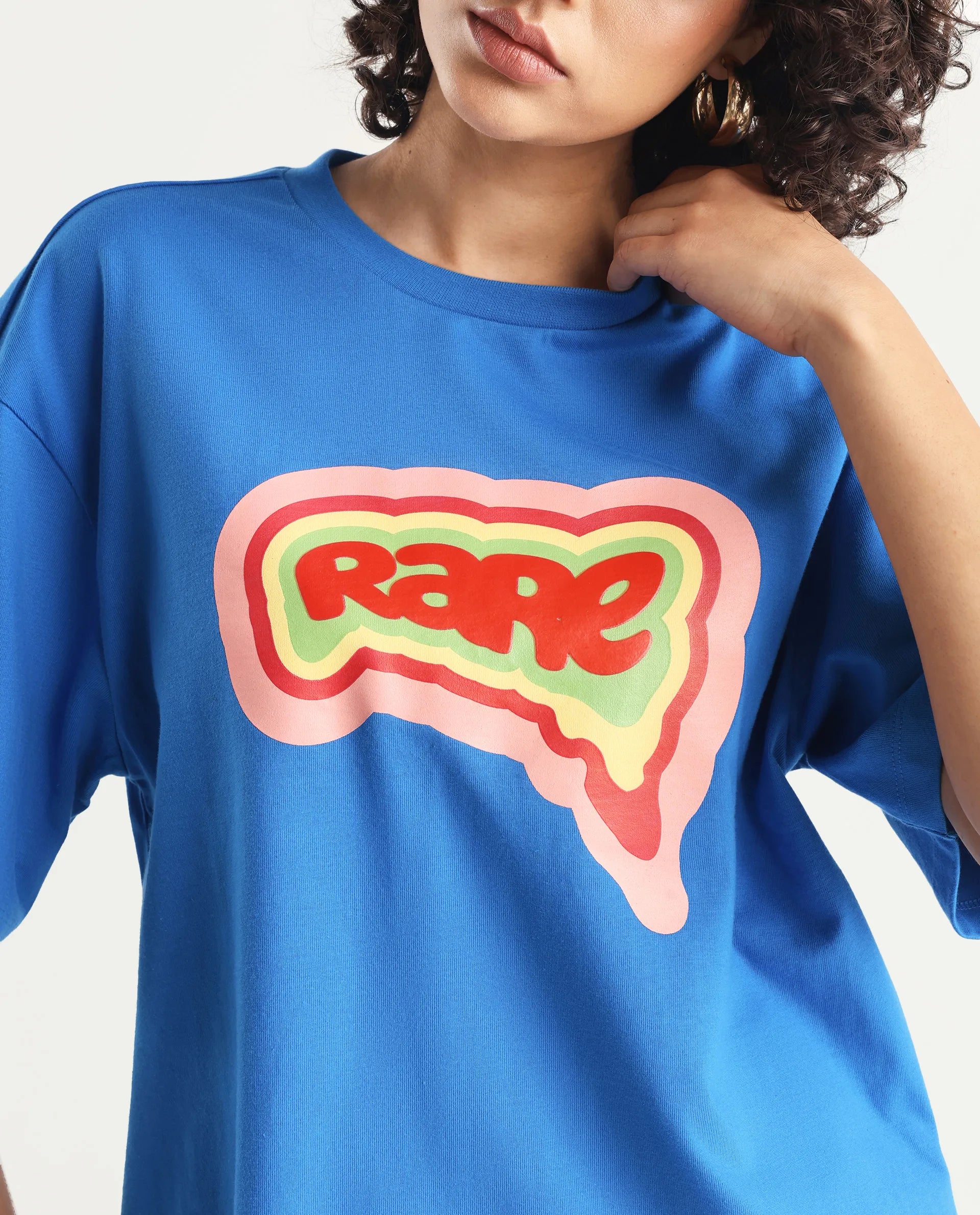 Rareism Women's Retriz Blue Cotton Crew Neck Graphic Print Oversized T-Shirt