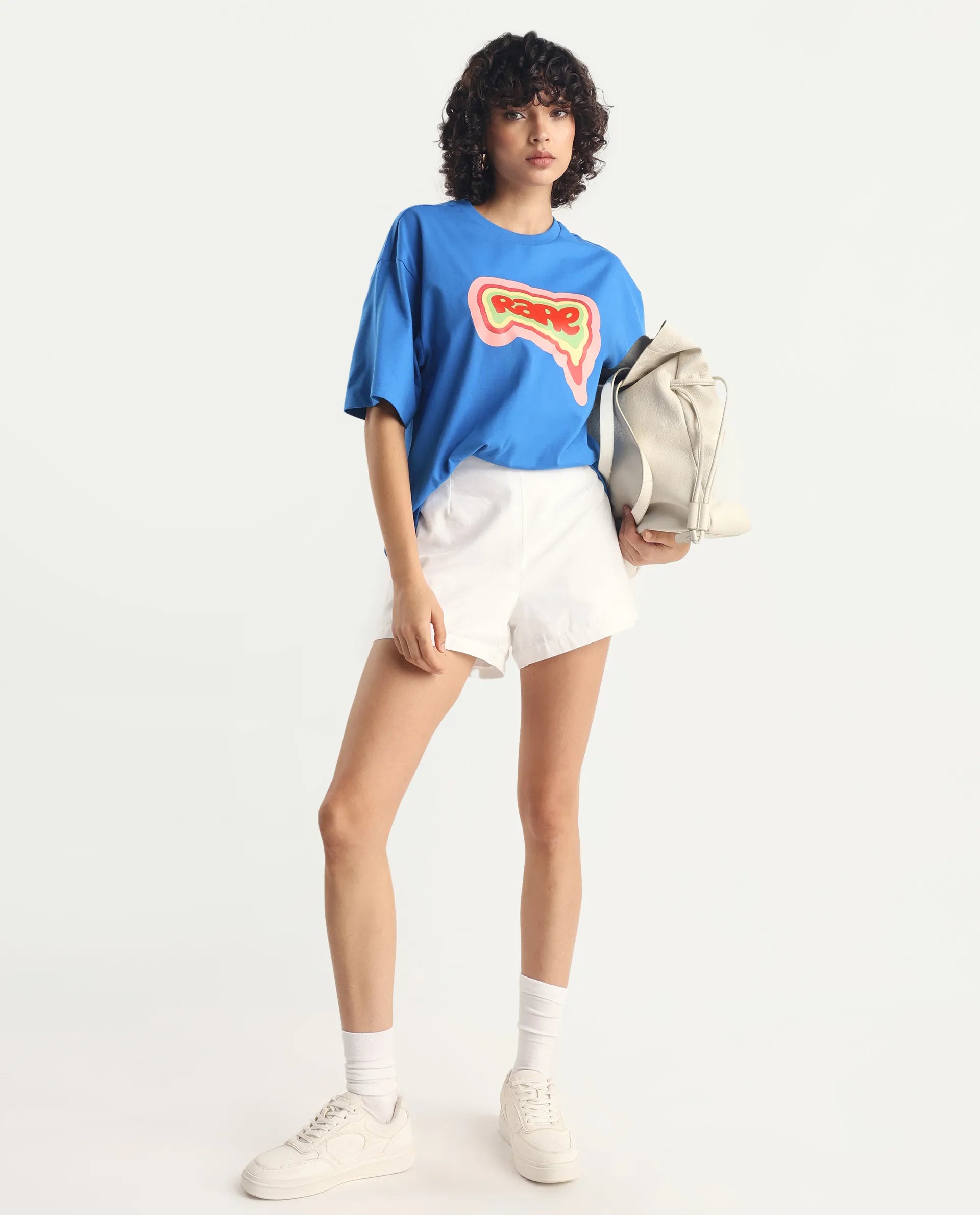 Rareism Women's Retriz Blue Cotton Crew Neck Graphic Print Oversized T-Shirt