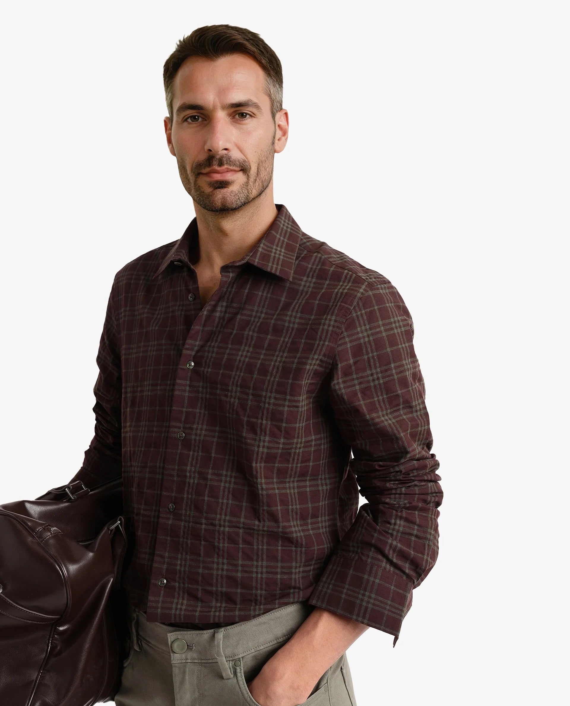 Rare Rabbit Men Revers Brown Cotton Fabric Regular Collar Full Sleeve Regular Fit Check Shirt