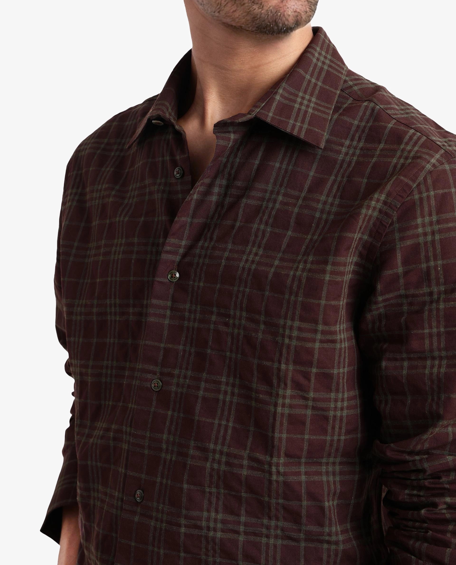 Rare Rabbit Men Revers Brown Cotton Fabric Regular Collar Full Sleeve Regular Fit Check Shirt