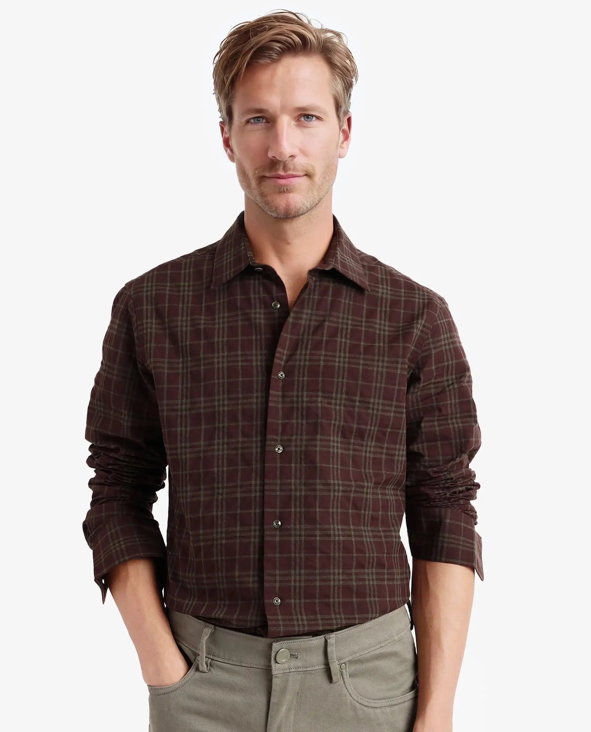 Rare Rabbit Men Revers Brown Cotton Fabric Regular Collar Full Sleeve Regular Fit Check Shirt