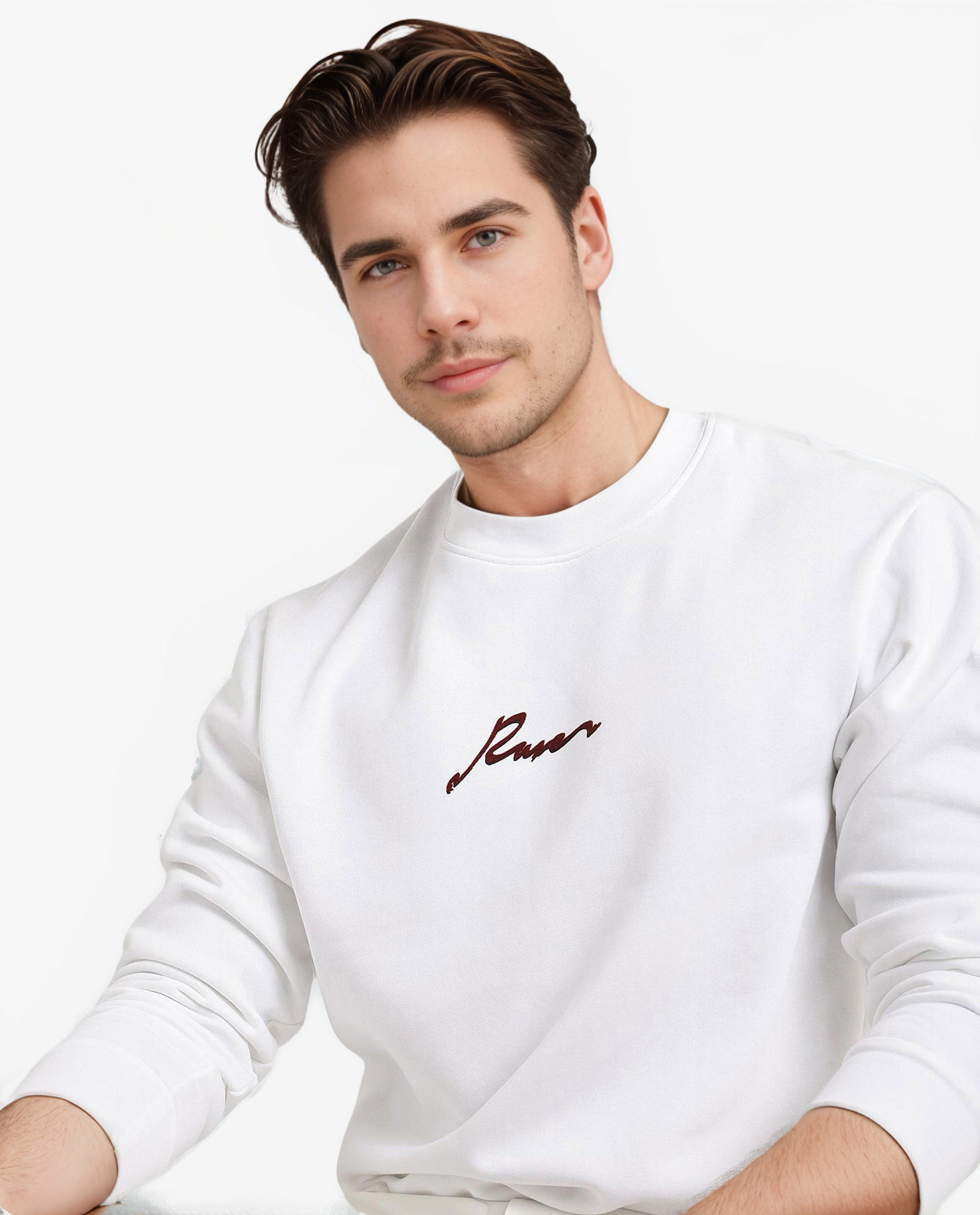 Rare Rabbit Men Rew-1 White Full Sleeve Cotton Polyester Fabric Full Sleeve Crew Neck Regular Fit Graphic Flock Print Sweatshirt