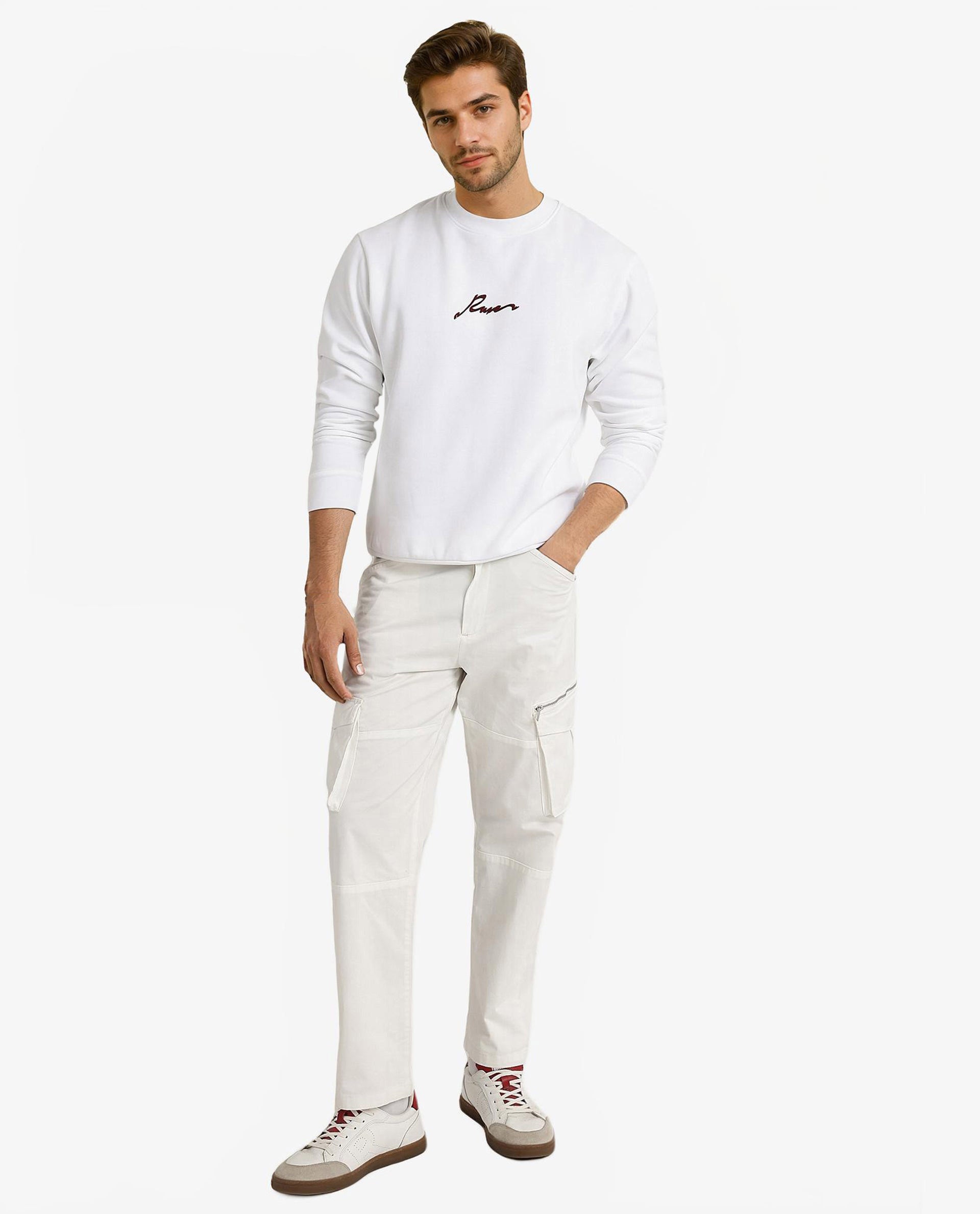 Rare Rabbit Men Rew-1 White Full Sleeve Cotton Polyester Fabric Full Sleeve Crew Neck Regular Fit Graphic Flock Print Sweatshirt