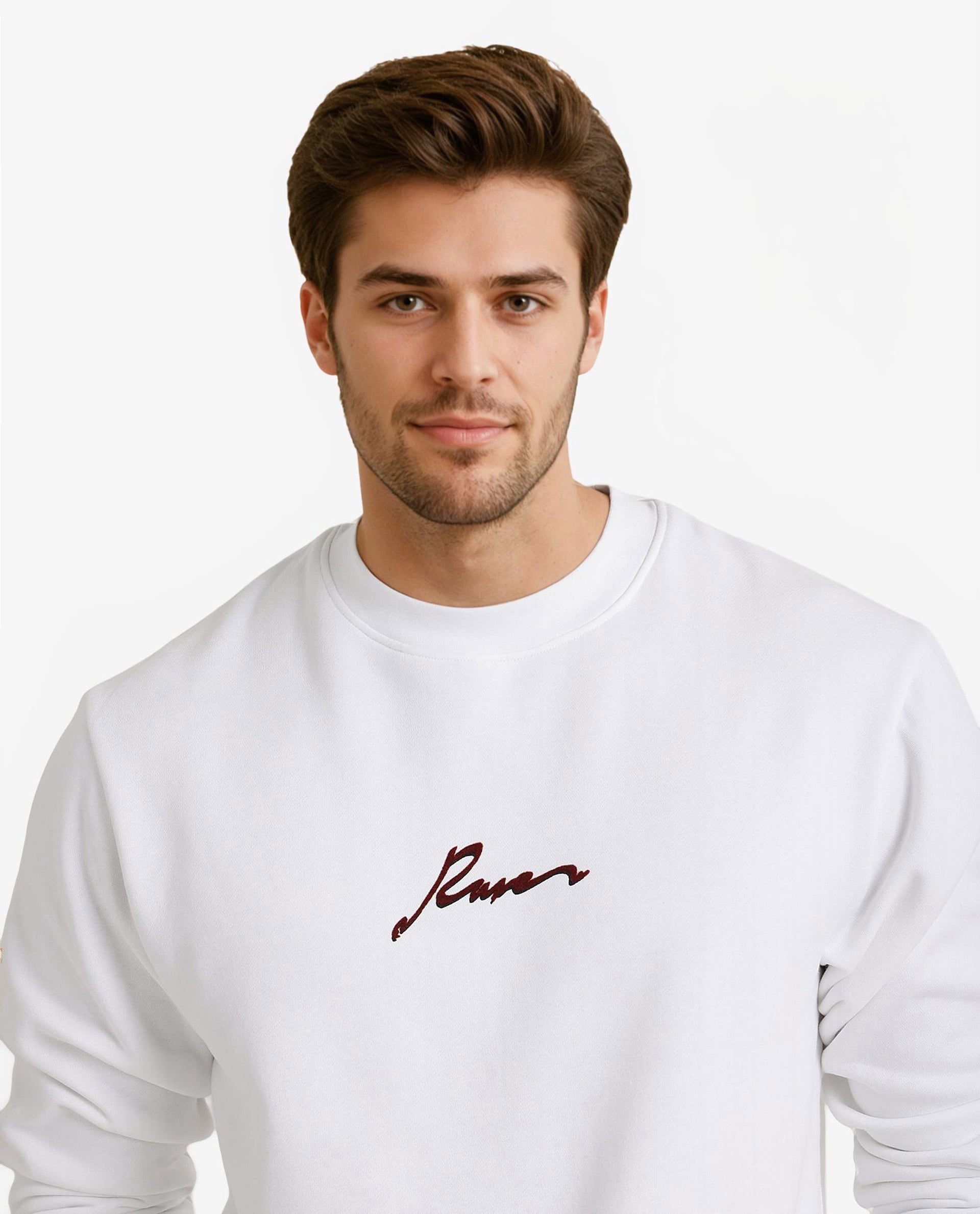 Rare Rabbit Men Rew-1 White Full Sleeve Cotton Polyester Fabric Full Sleeve Crew Neck Regular Fit Graphic Flock Print Sweatshirt