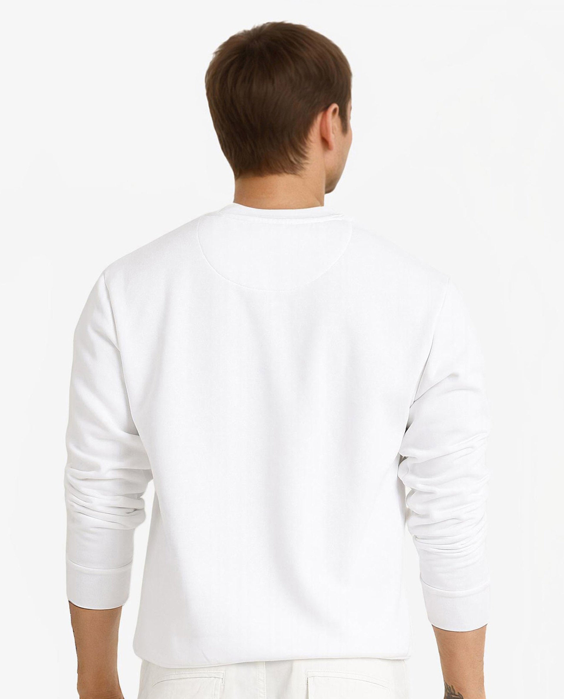 Rare Rabbit Men Rew-1 White Full Sleeve Cotton Polyester Fabric Full Sleeve Crew Neck Regular Fit Graphic Flock Print Sweatshirt