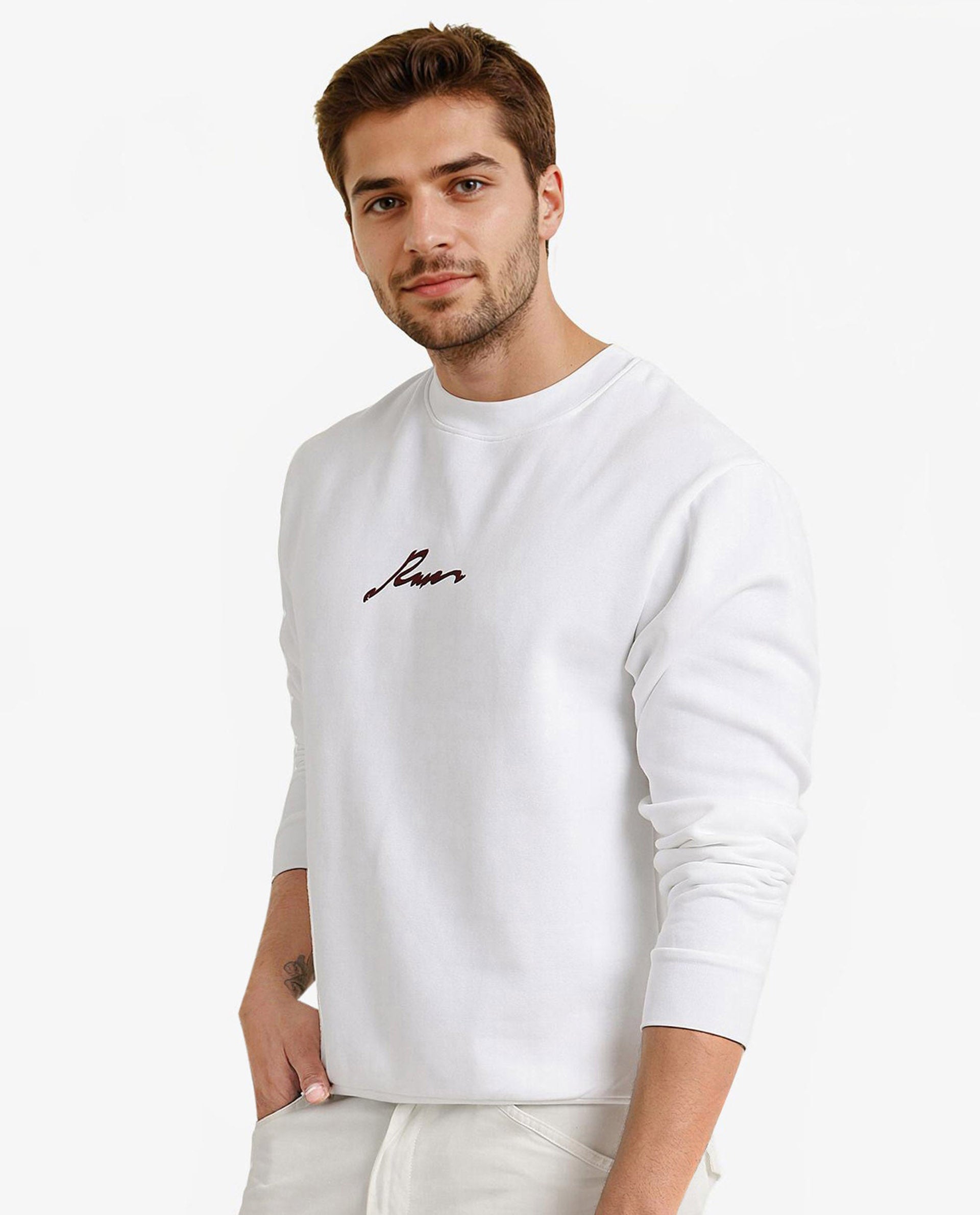 Rare Rabbit Men Rew-1 White Full Sleeve Cotton Polyester Fabric Full Sleeve Crew Neck Regular Fit Graphic Flock Print Sweatshirt