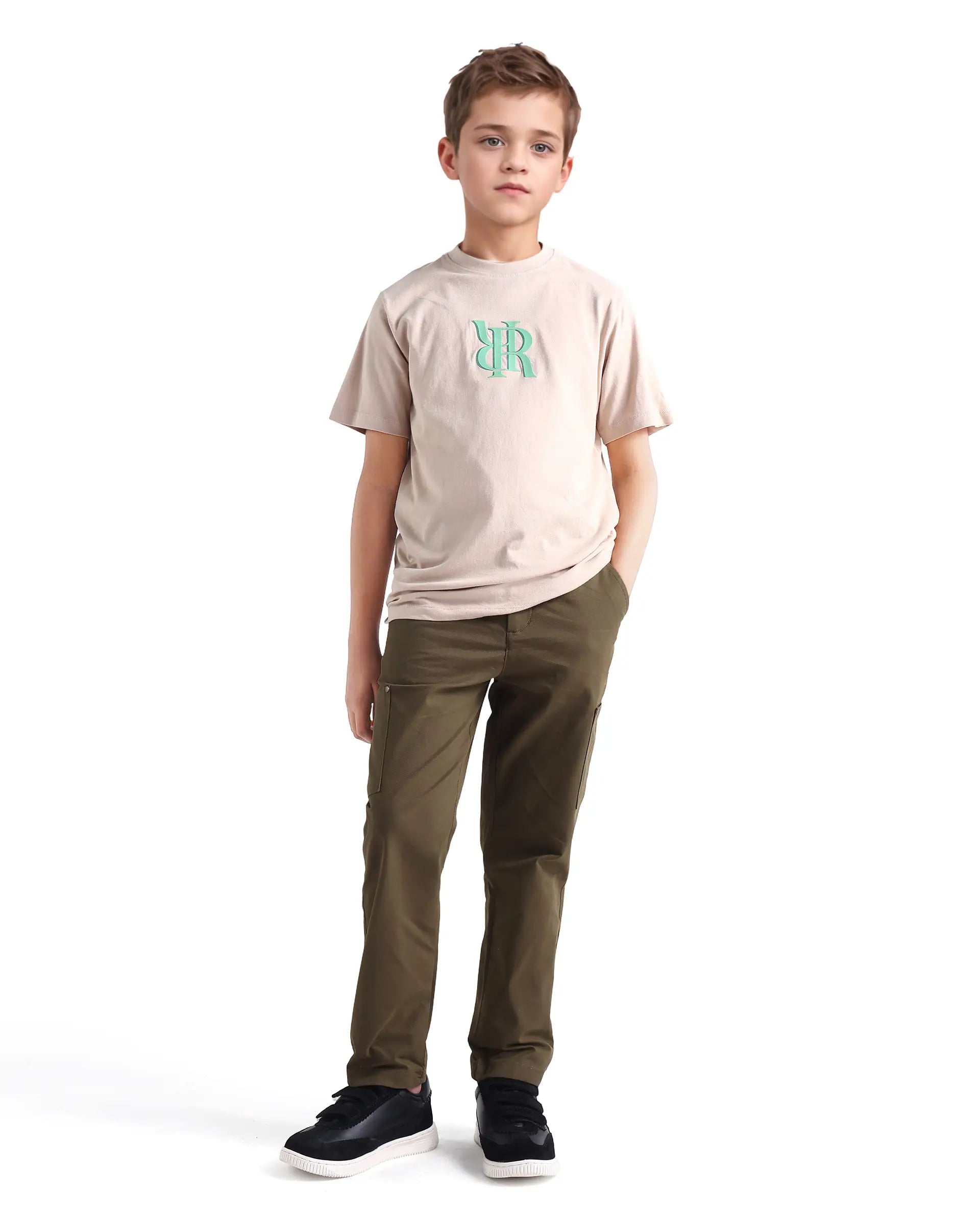 Rare Ones Kids Rez Olive Cotton Solid Button & Zip Closure Regular Fit Trouser