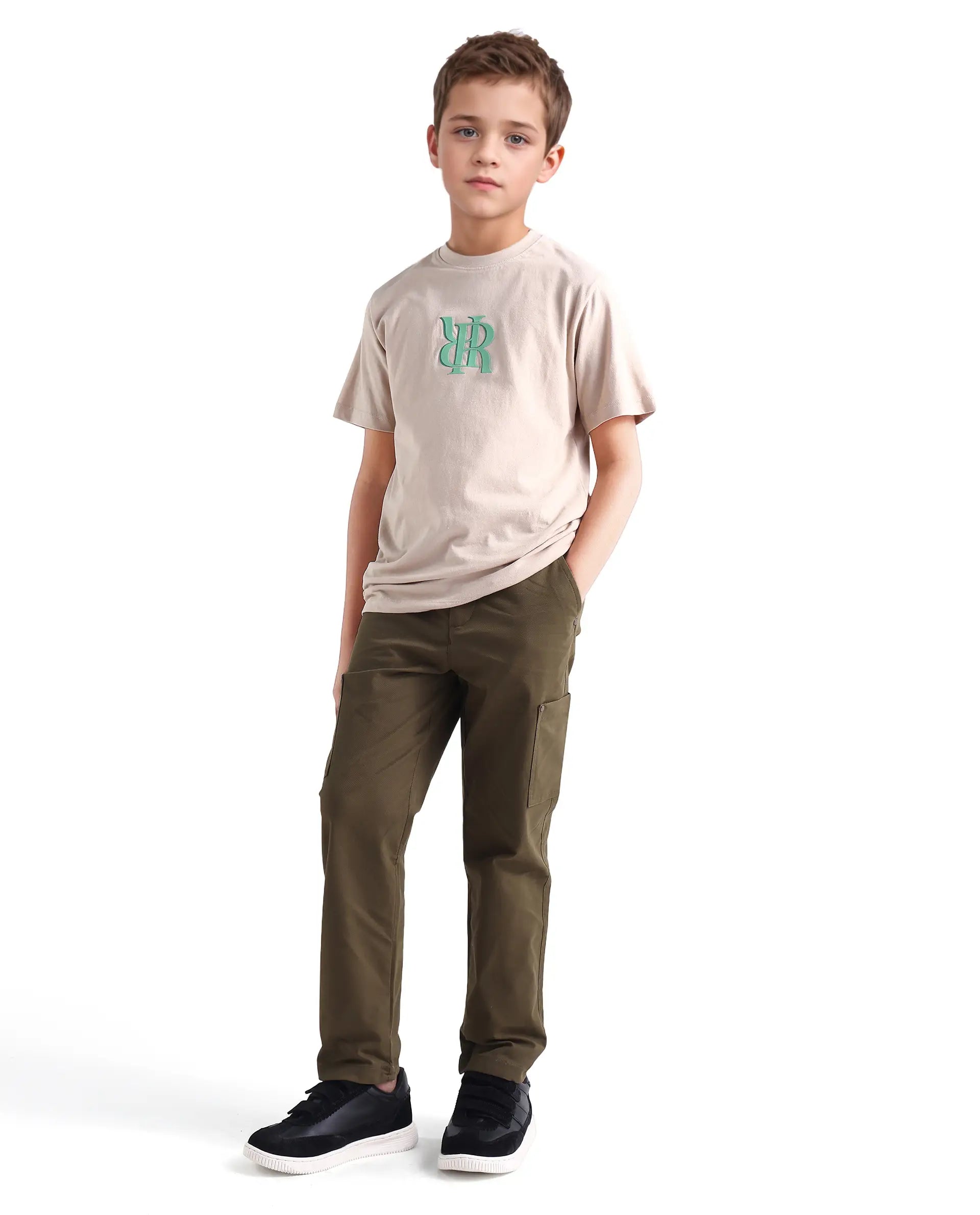 Rare Ones Kids Rez Olive Cotton Solid Button & Zip Closure Regular Fit Trouser