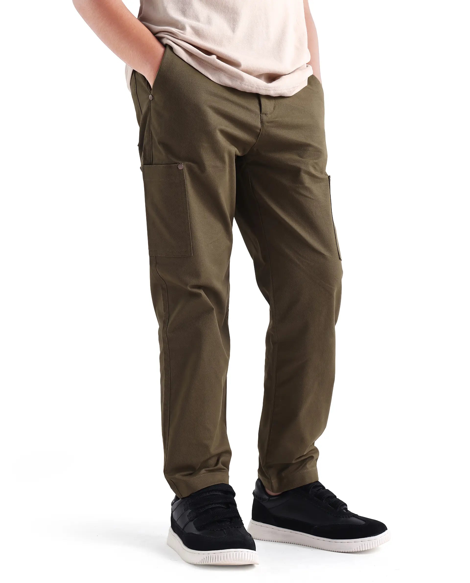 Rare Ones Kids Rez Olive Cotton Solid Button & Zip Closure Regular Fit Trouser