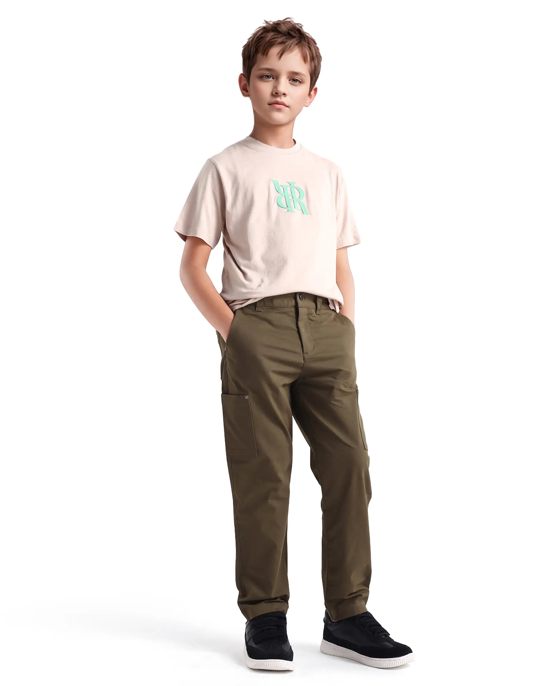 Rare Ones Kids Rez Olive Cotton Solid Button & Zip Closure Regular Fit Trouser
