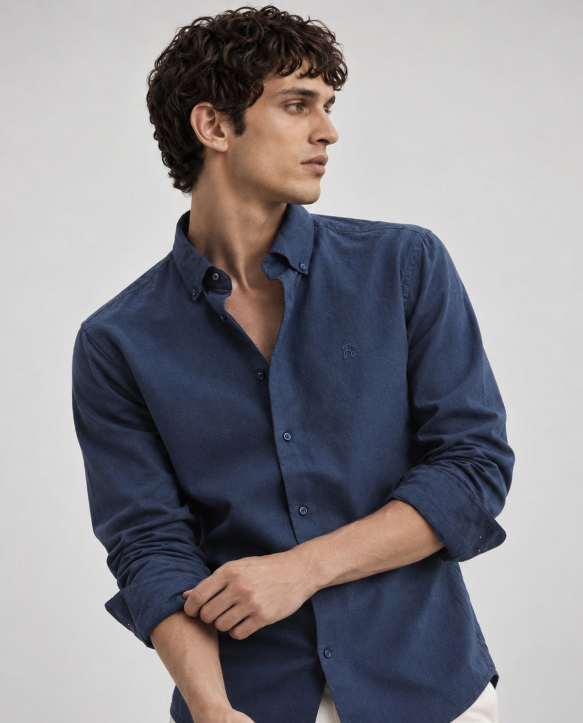 Rare Rabbit Men's Rezos Dark Blue Cotton Button-Down Collar Regular Fit Plain Shirt