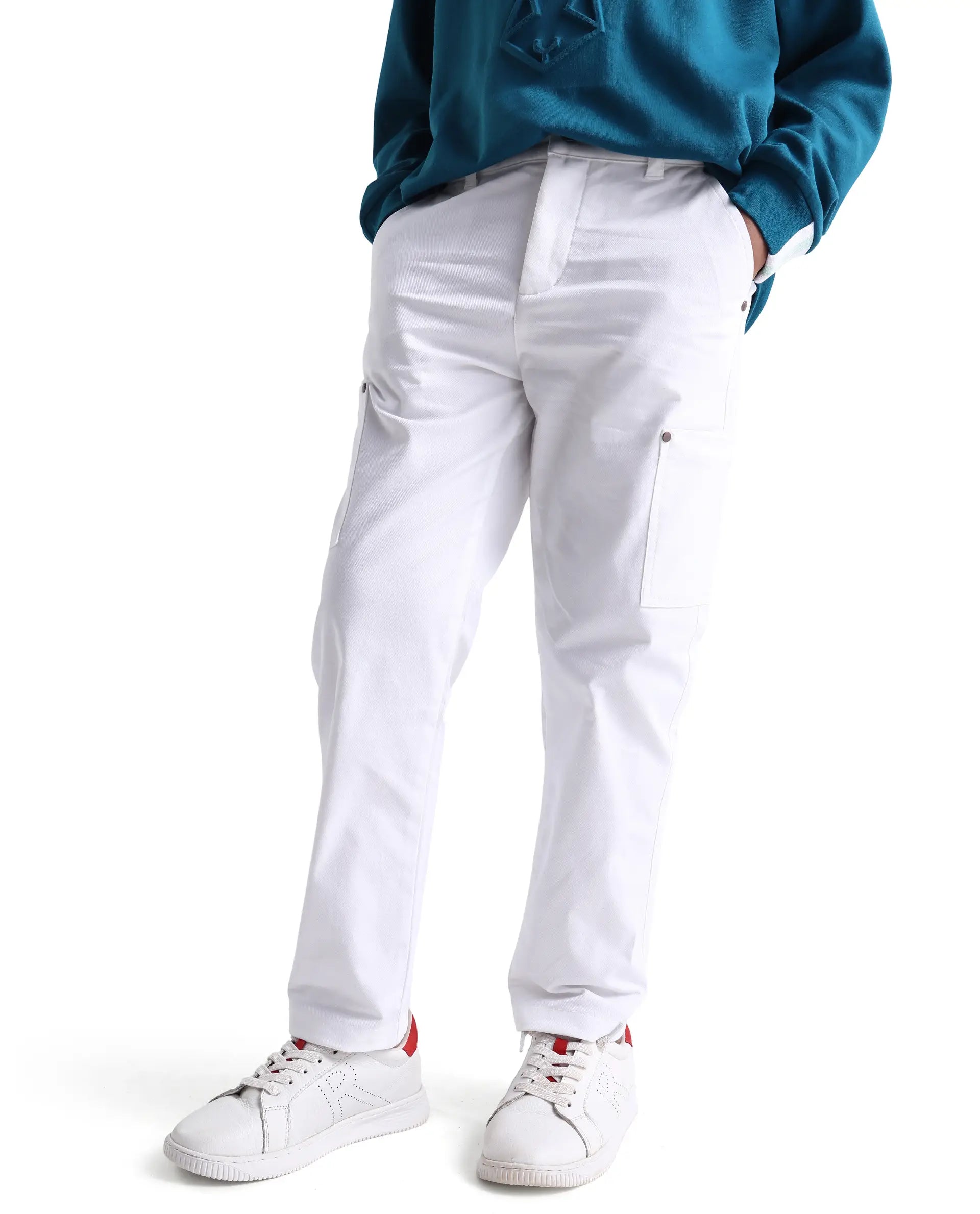 Rare Ones Kids Rez White Cotton Solid Button & Zip Closure Regular Fit Trouser