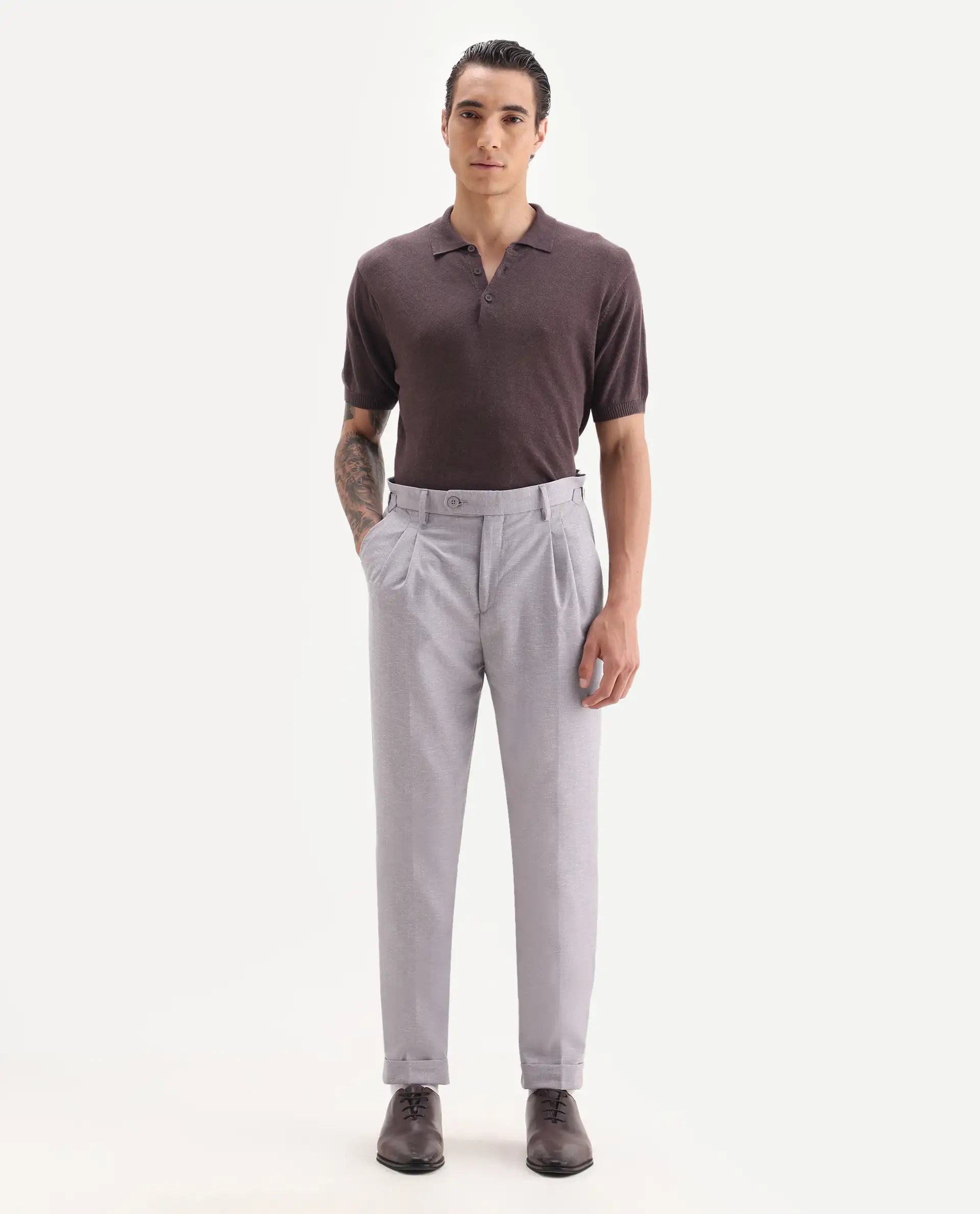 Rare Rabbit Men's Rhesa Dusky Purple Linen Blend Plain Relaxed Fit Trouser