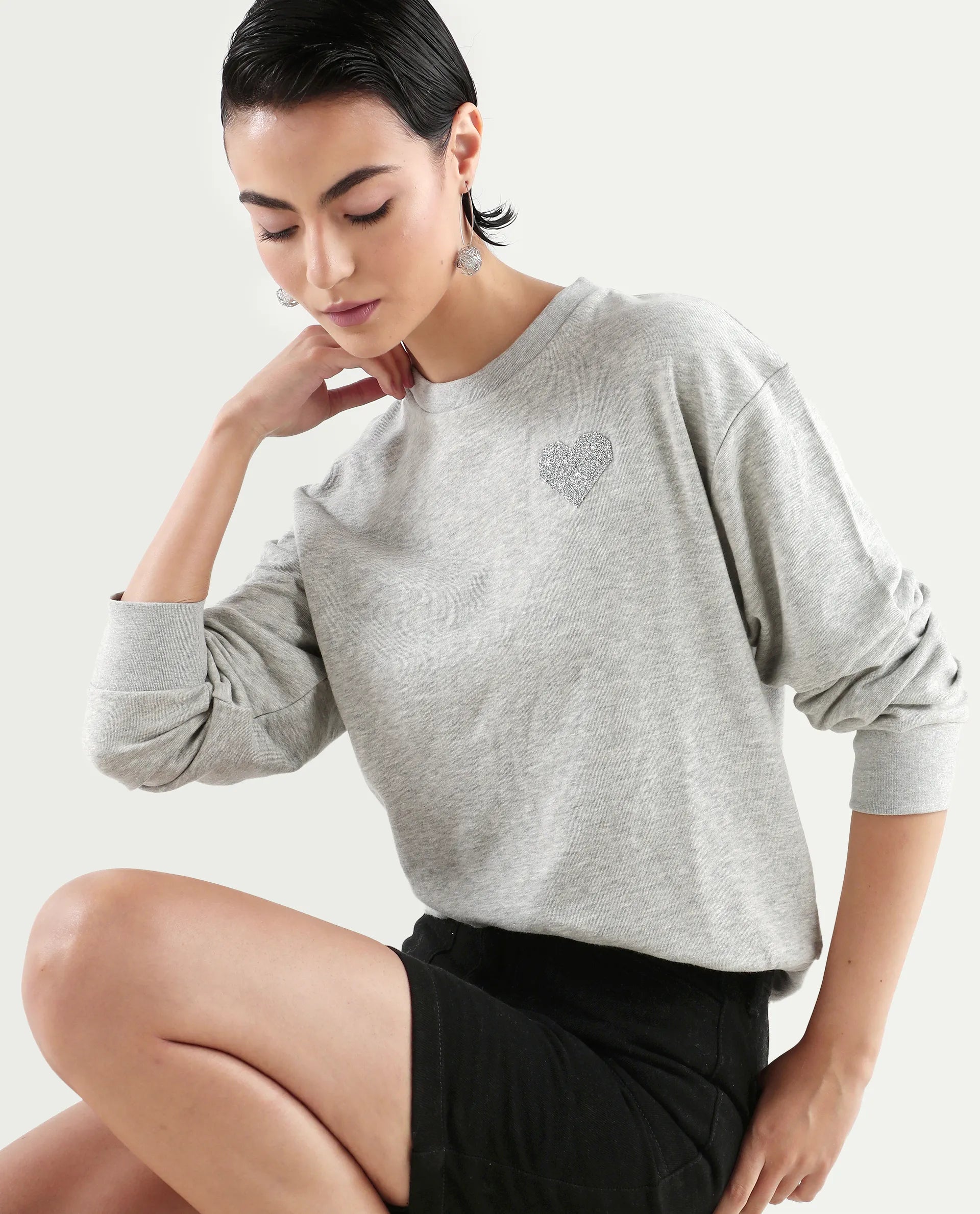 Rareism Women's Rhink Melange Cotton Blend Hooded Plain Relaxed Fit Sweatshirt