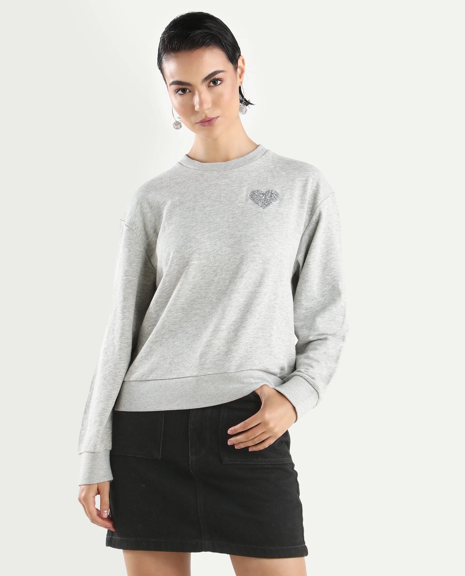 Rareism Women's Rhink Melange Cotton Blend Hooded Plain Relaxed Fit Sweatshirt