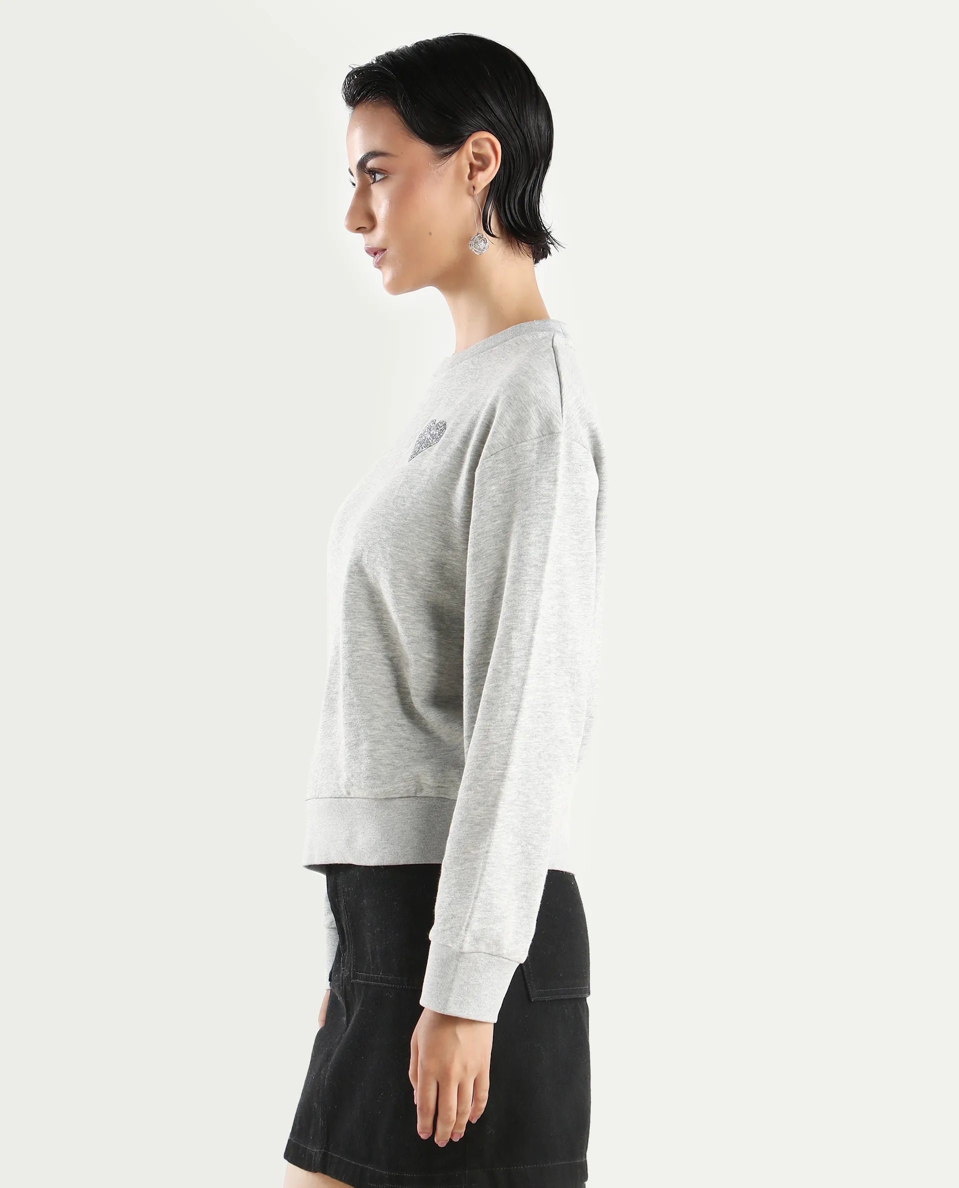 Rareism Women's Rhink Melange Cotton Blend Hooded Plain Relaxed Fit Sweatshirt