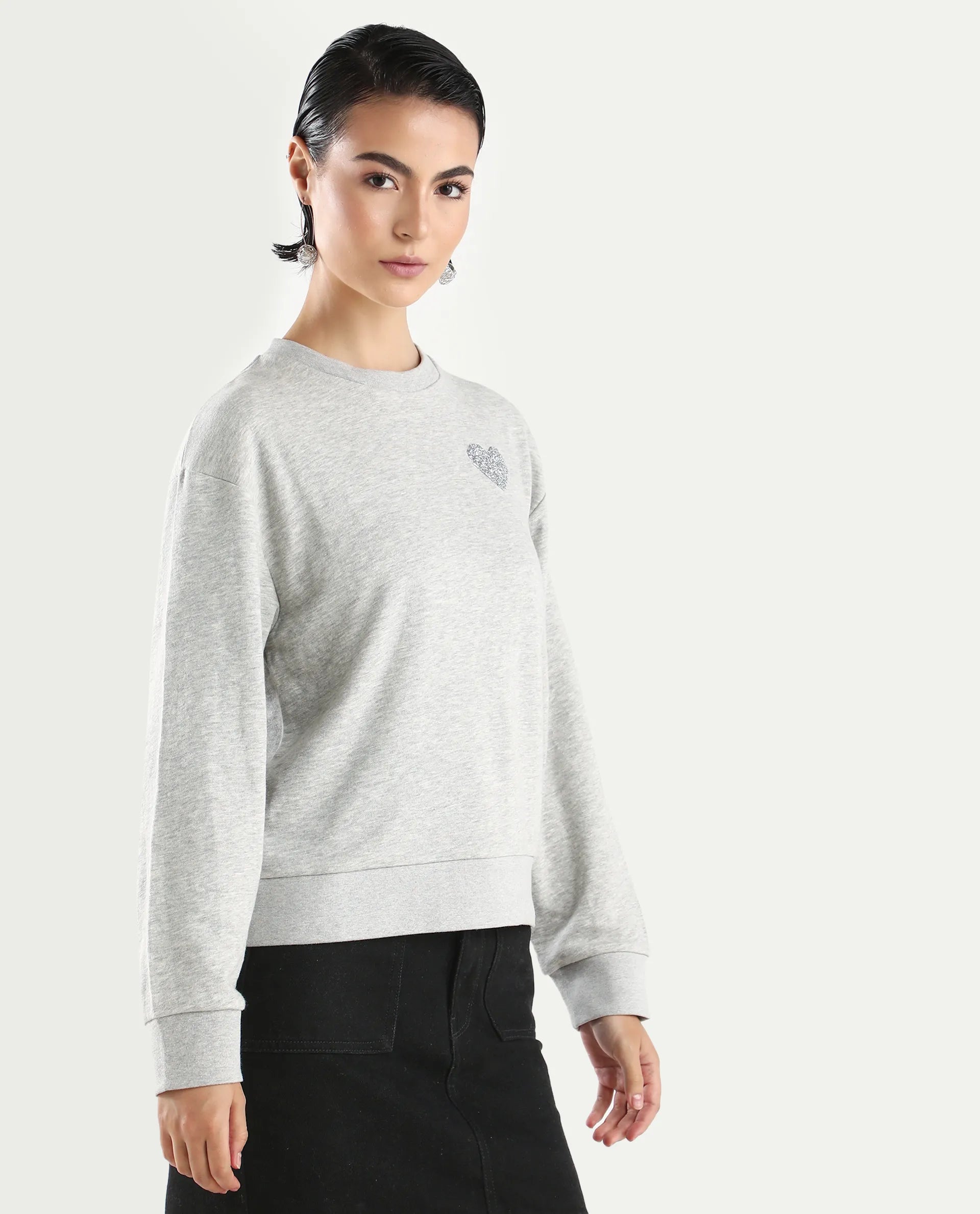 Rareism Women's Rhink Melange Cotton Blend Hooded Plain Relaxed Fit Sweatshirt