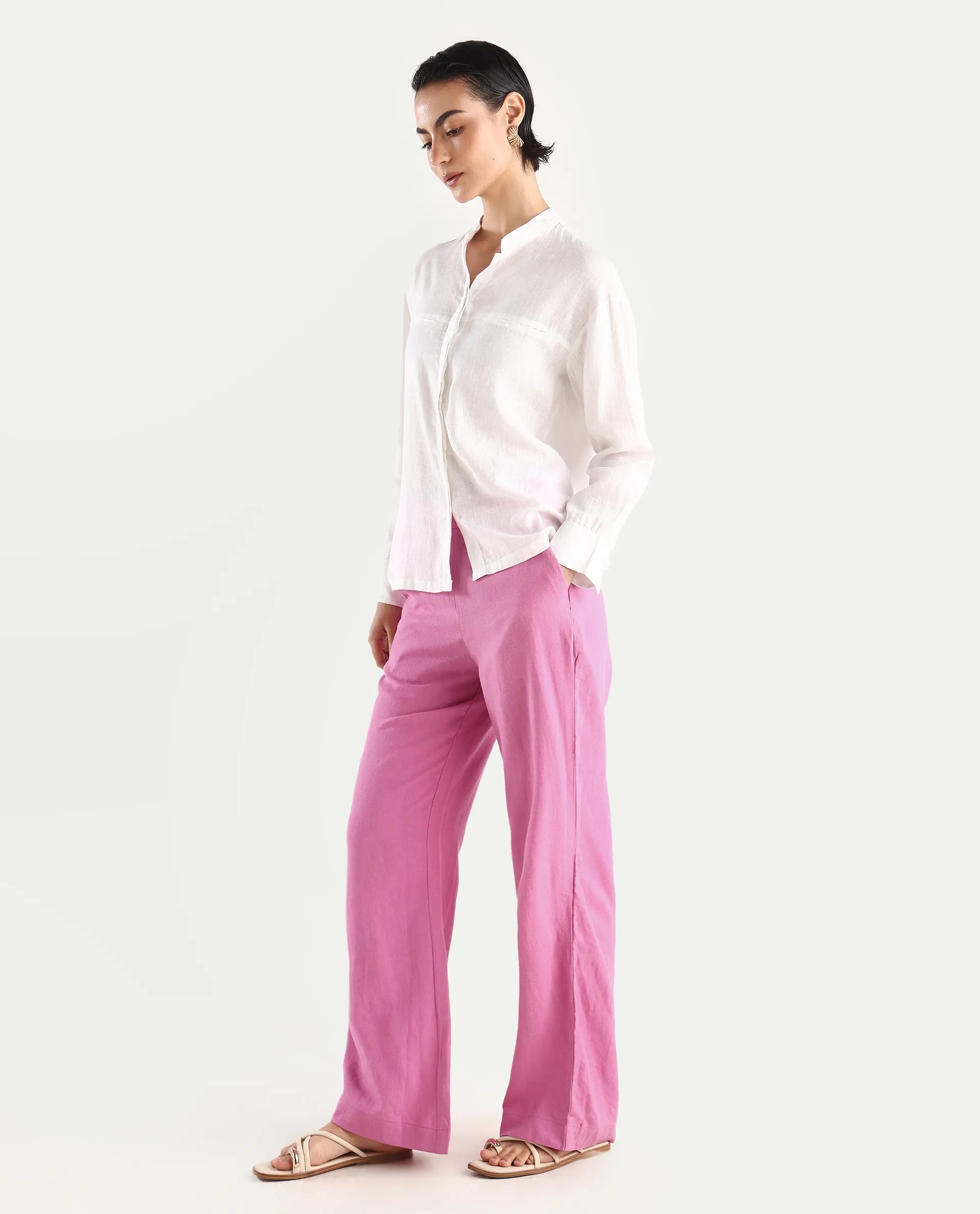 Rareism Women's Rica Pastel Pink Cotton Linen Plain Ankle Length Regular Fit Trouser