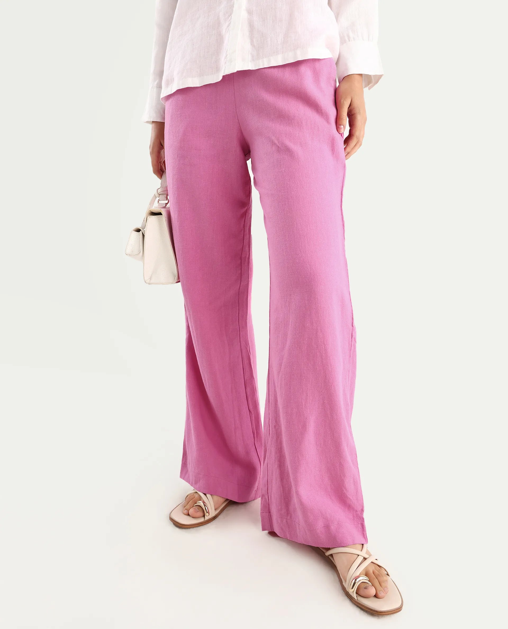 Rareism Women's Rica Pastel Pink Cotton Linen Plain Ankle Length Regular Fit Trouser