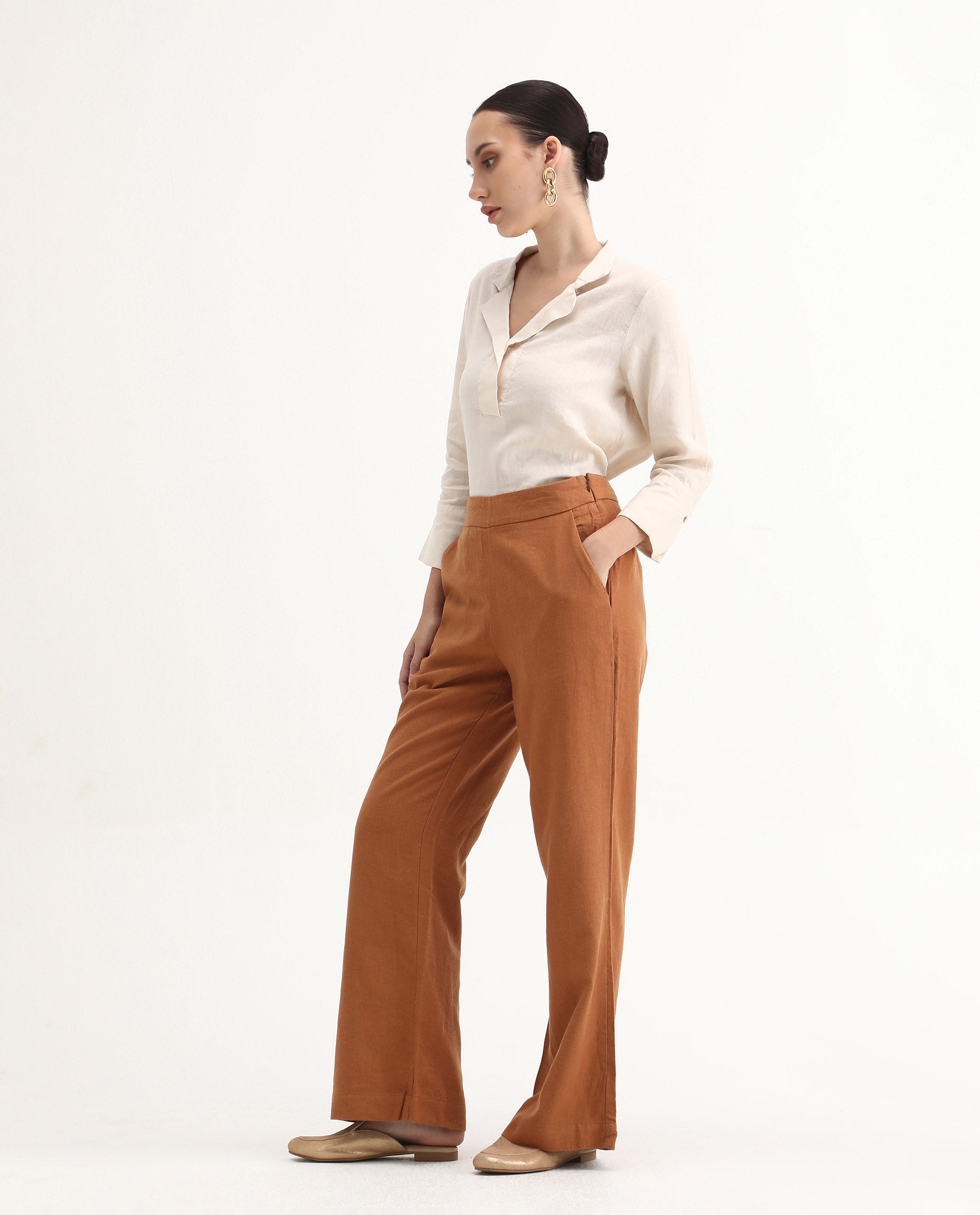 Rareism Women's Rica Pastel Orange Cotton Linen Plain Ankle Length Regular Fit Trouser
