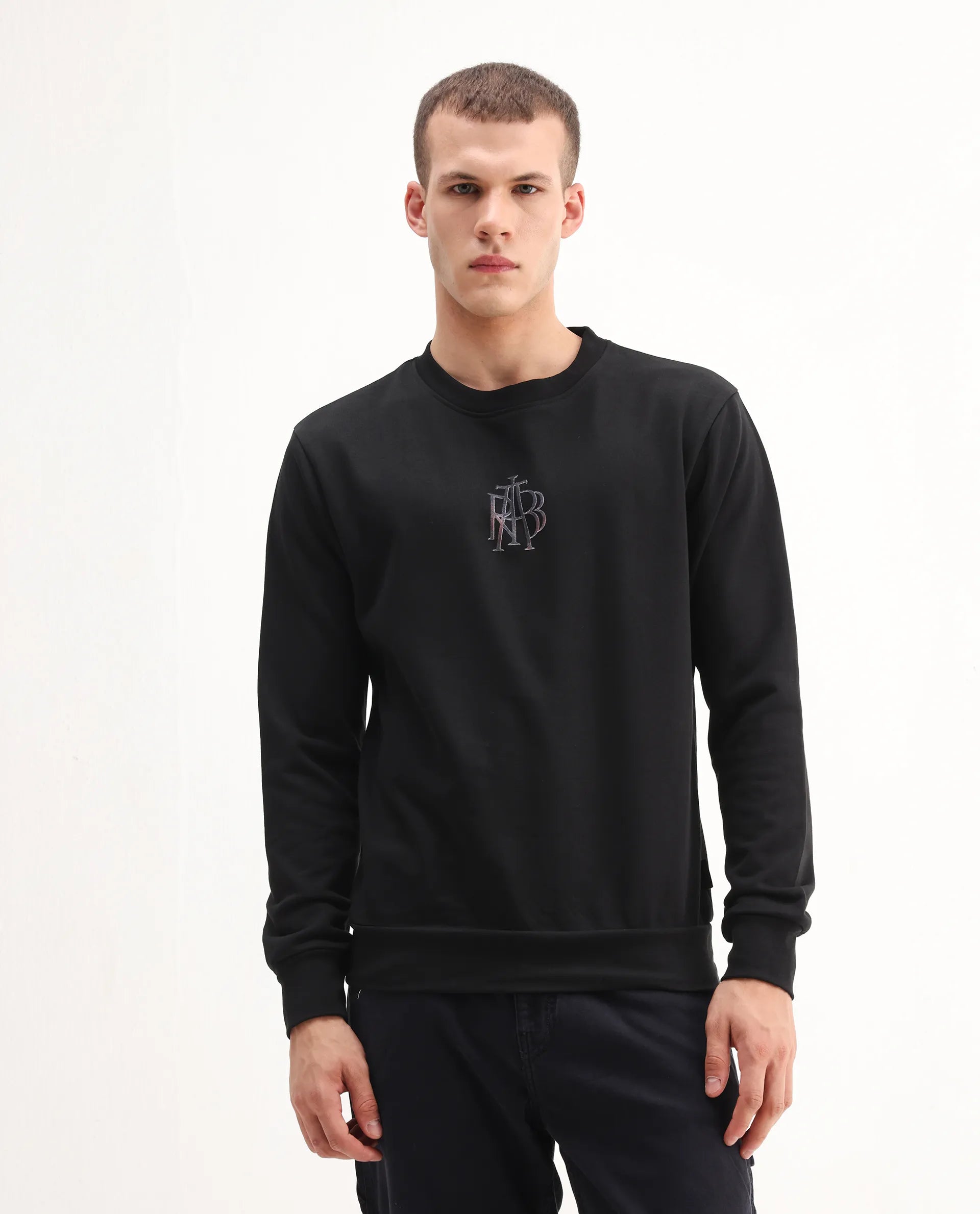 Rare Rabbit Men's Rick Black Cotton Blend Graphic Print Regular Fit Full Sleeve Crew Neck Sweatshirt