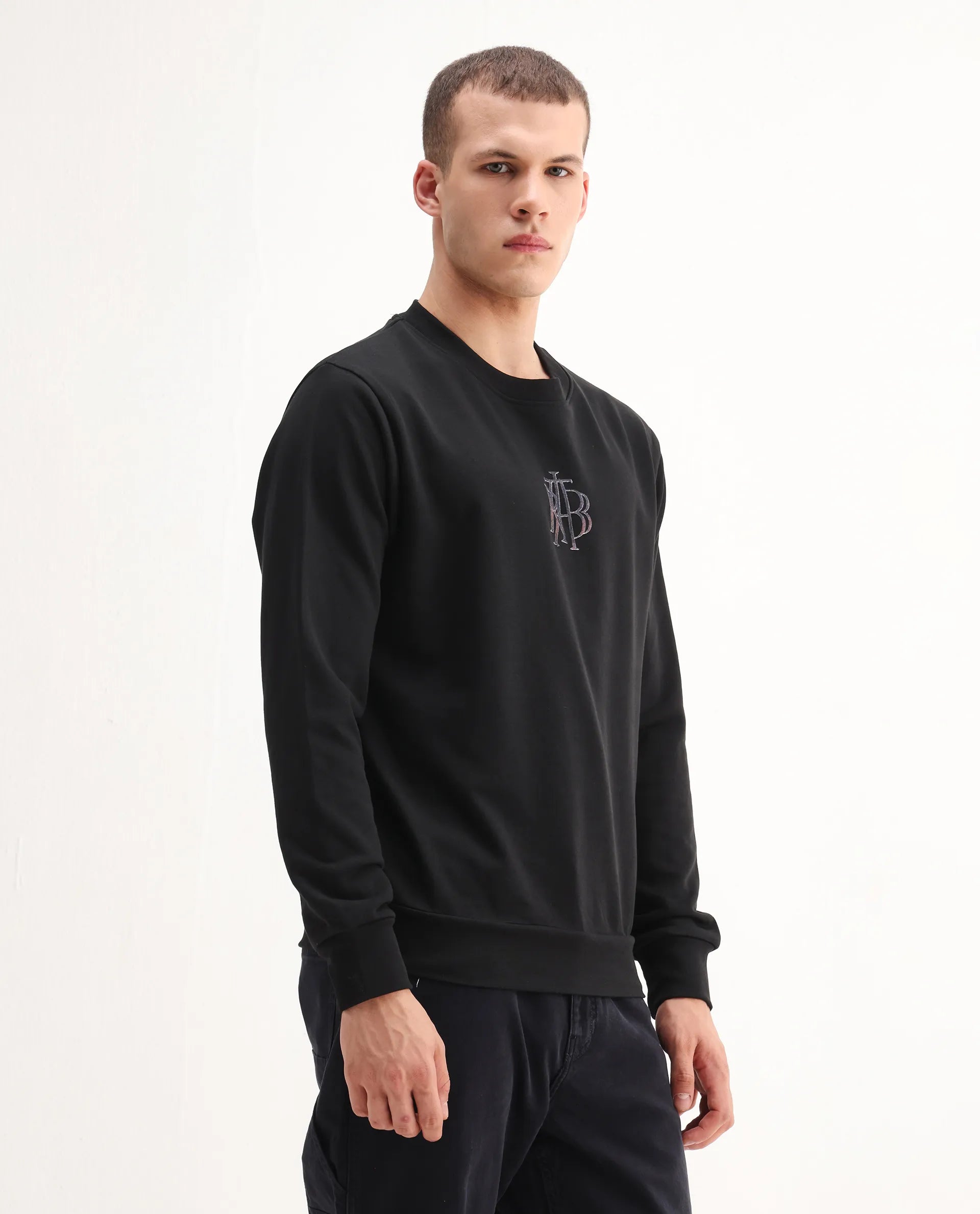 Rare Rabbit Men's Rick Black Cotton Blend Graphic Print Regular Fit Full Sleeve Crew Neck Sweatshirt