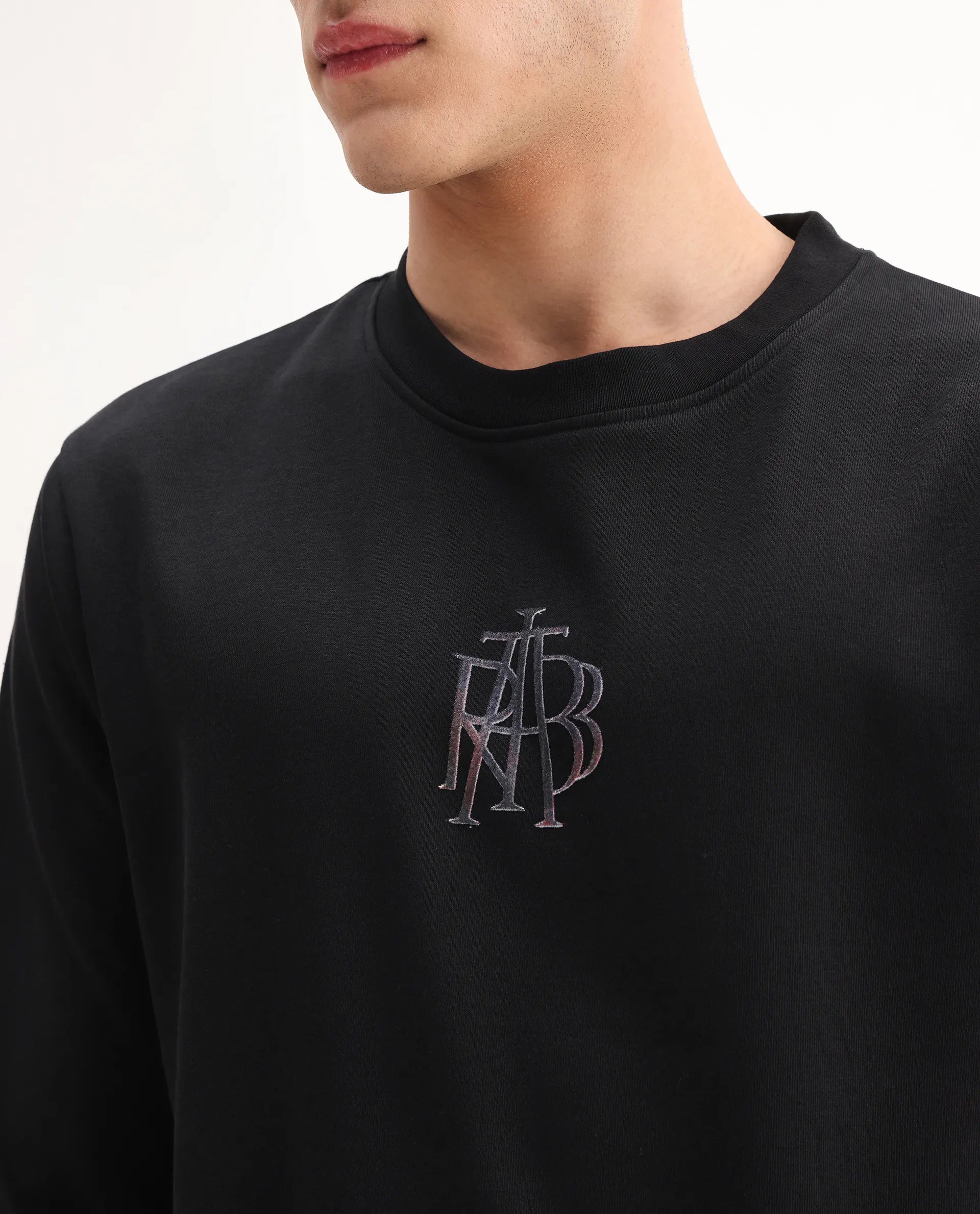 Rare Rabbit Men's Rick Black Cotton Blend Graphic Print Regular Fit Full Sleeve Crew Neck Sweatshirt