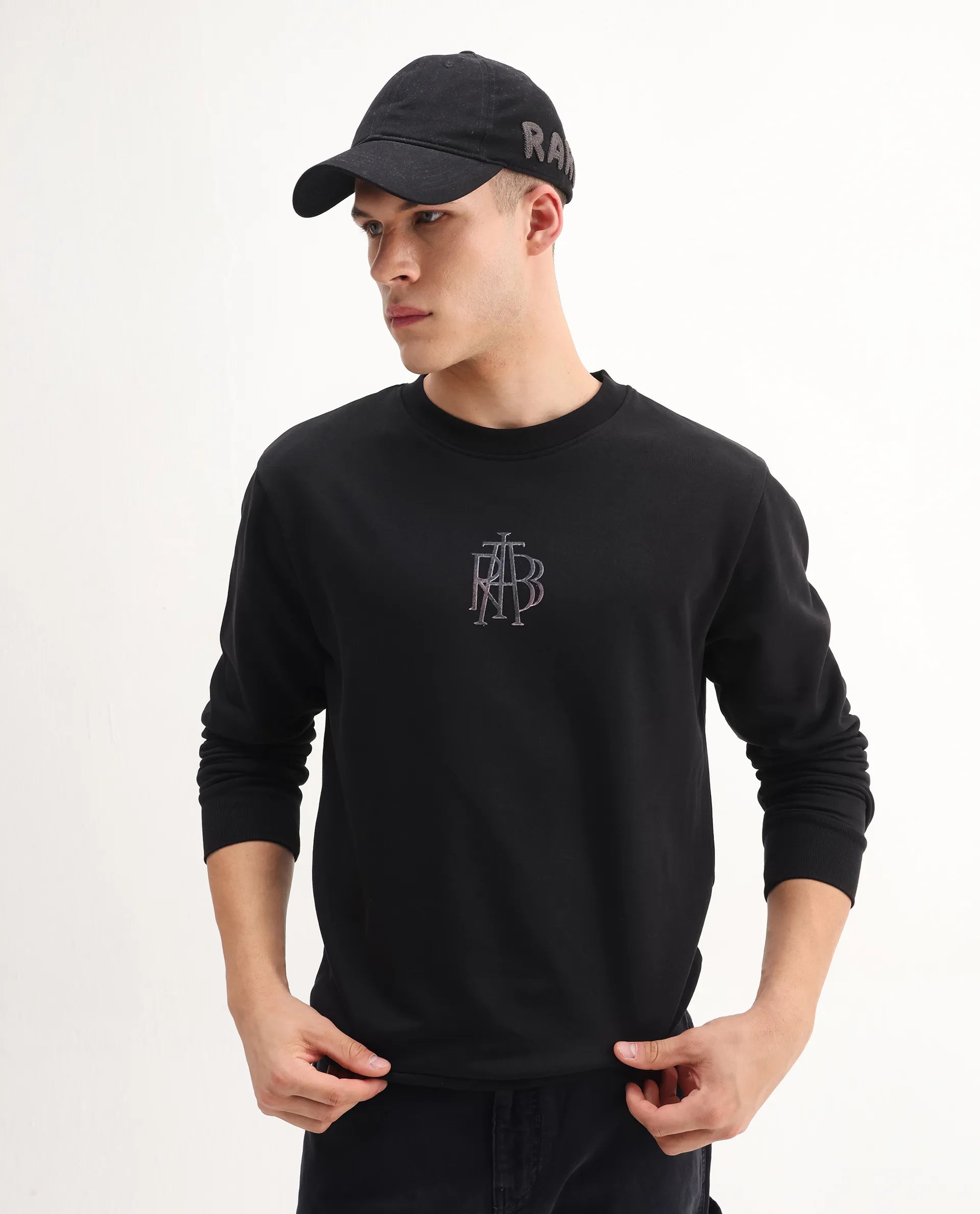 Rare Rabbit Men's Rick Black Cotton Blend Graphic Print Regular Fit Full Sleeve Crew Neck Sweatshirt