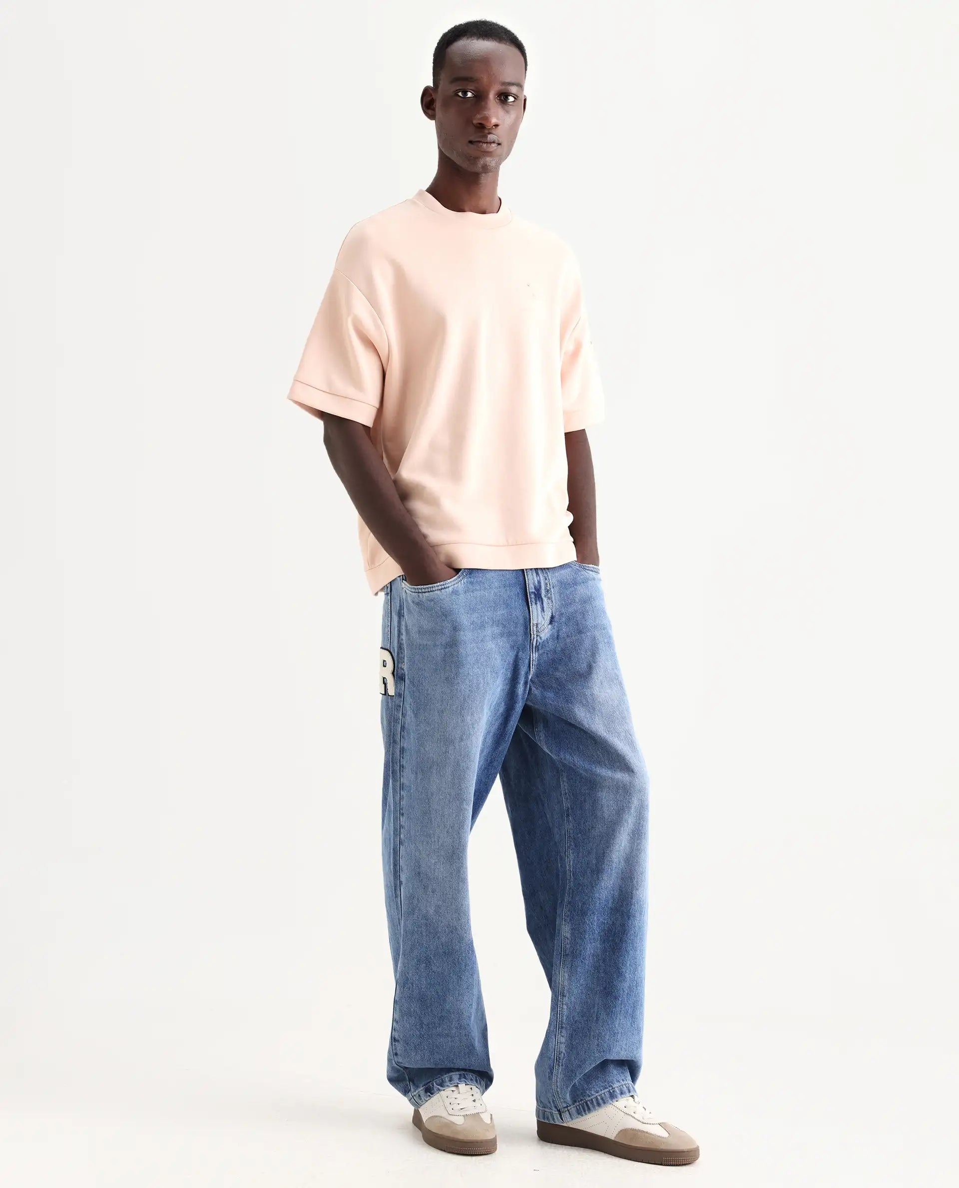 Rare Rabbit Men's Riffin Light Blue Cotton Plain Baggy Fit Jeans