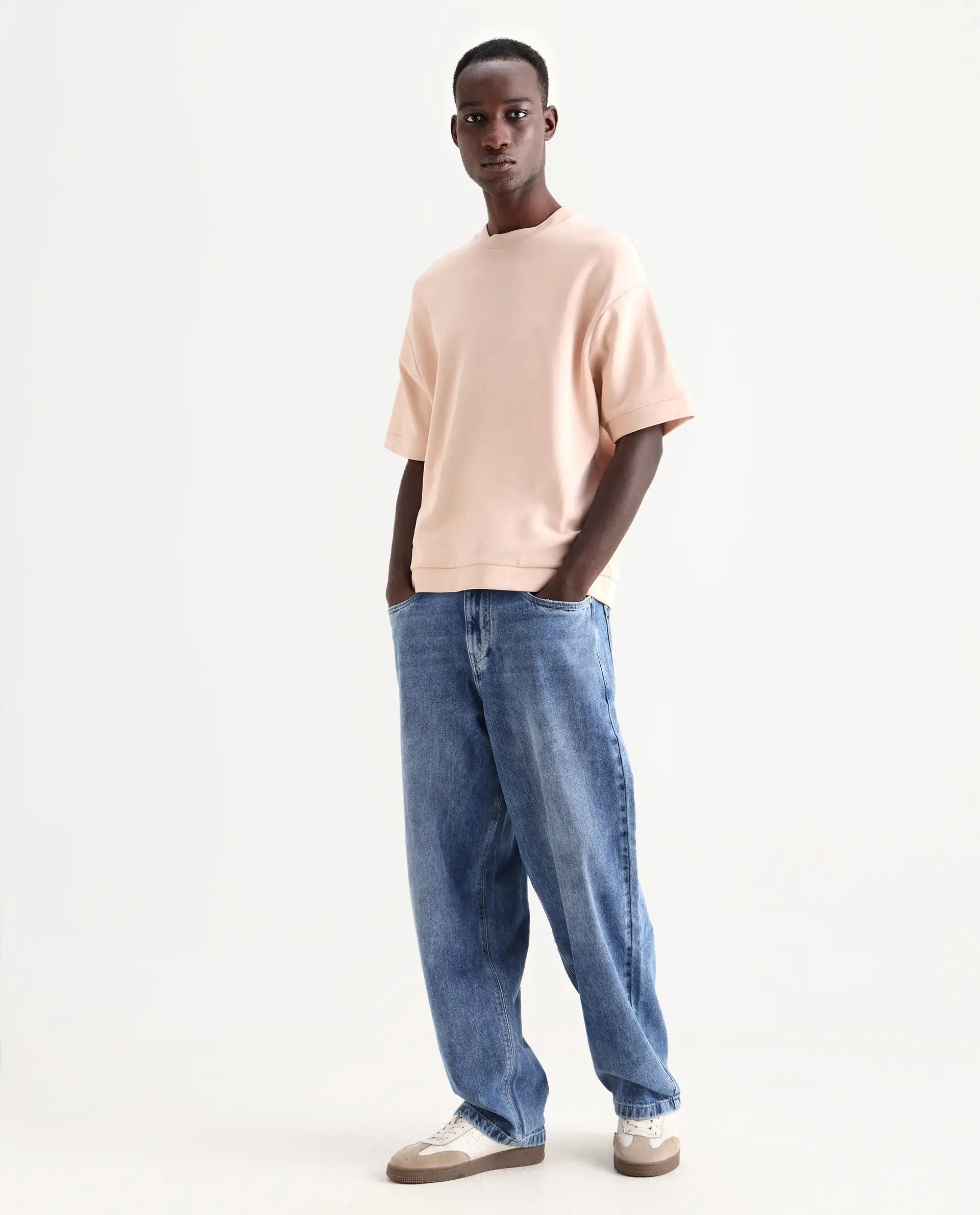 Rare Rabbit Men's Riffin Light Blue Cotton Plain Baggy Fit Jeans