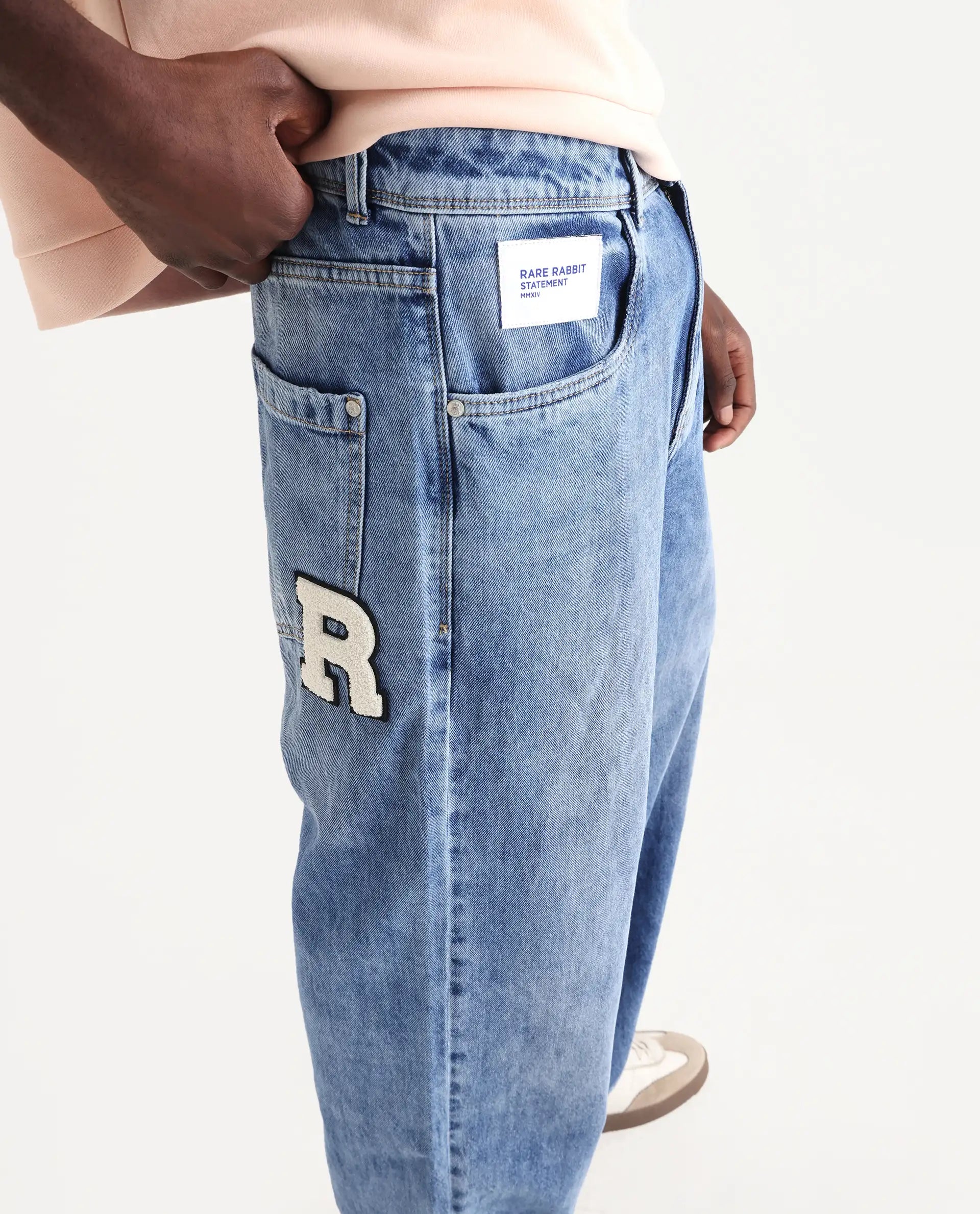 Rare Rabbit Men's Riffin Light Blue Cotton Plain Baggy Fit Jeans