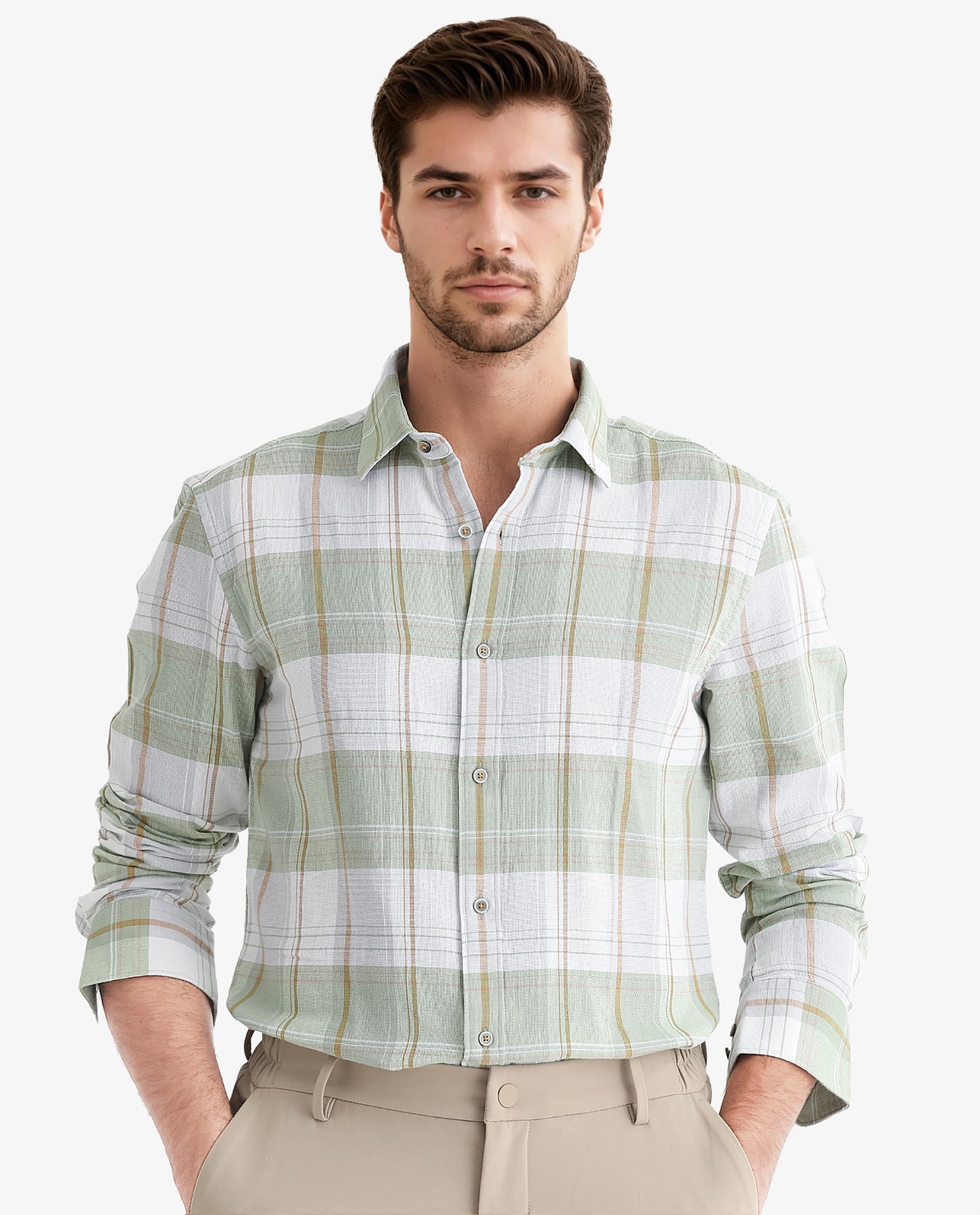 Rare Rabbit Men's Riga Green Cotton Fabric Full Sleeves Checks Shirt