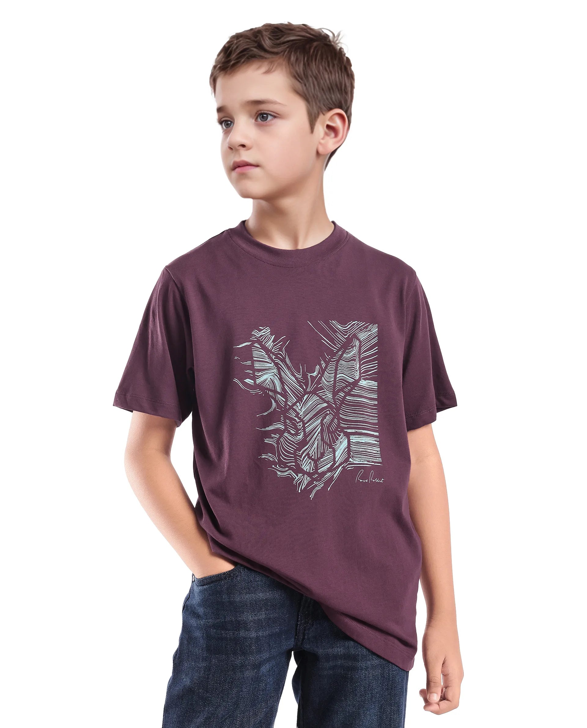 Rare Ones Kids Riggs Dark Maroon Cotton Pigment Print Regular Fit T-Shirt