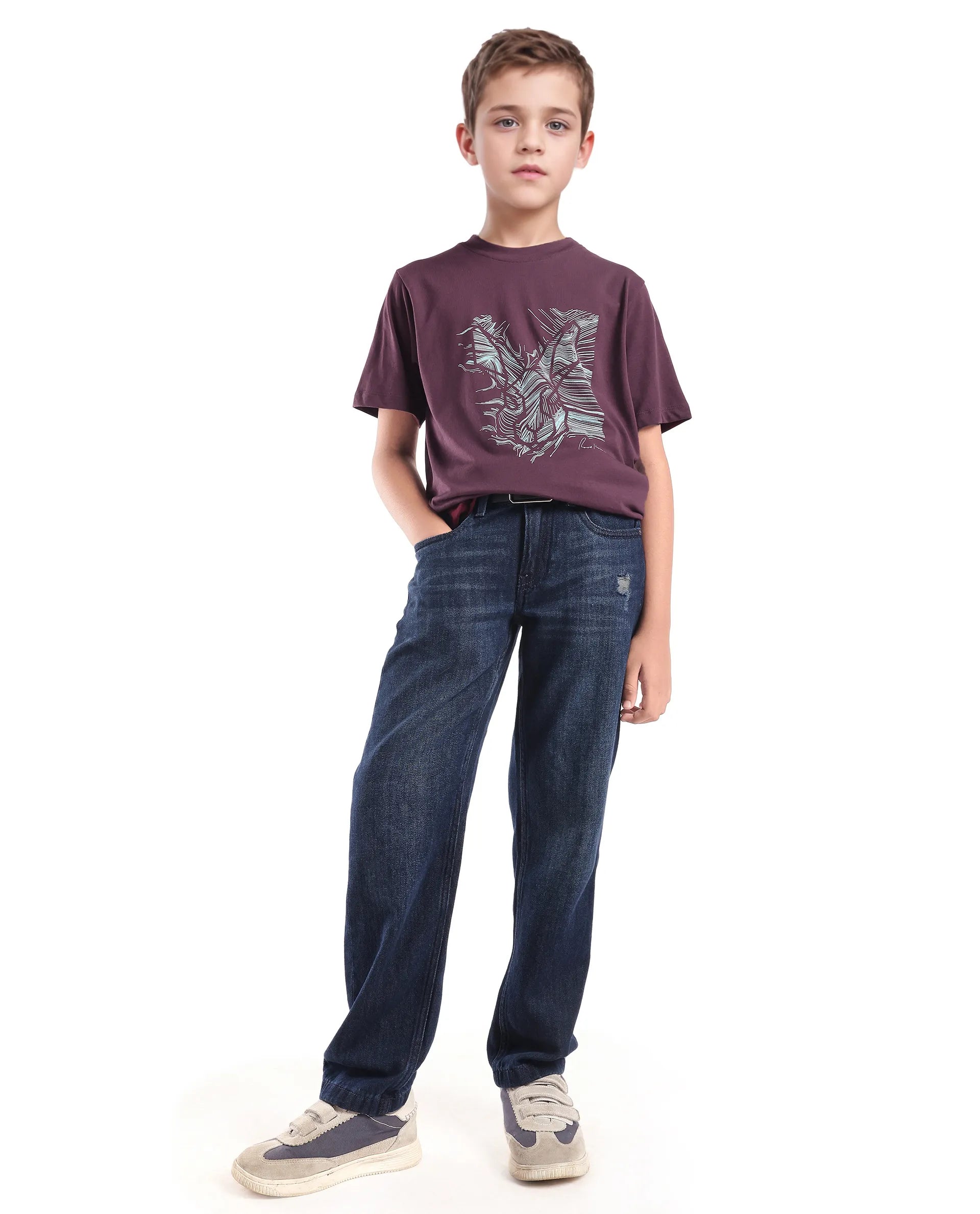 Rare Ones Kids Riggs Dark Maroon Cotton Pigment Print Regular Fit T-Shirt