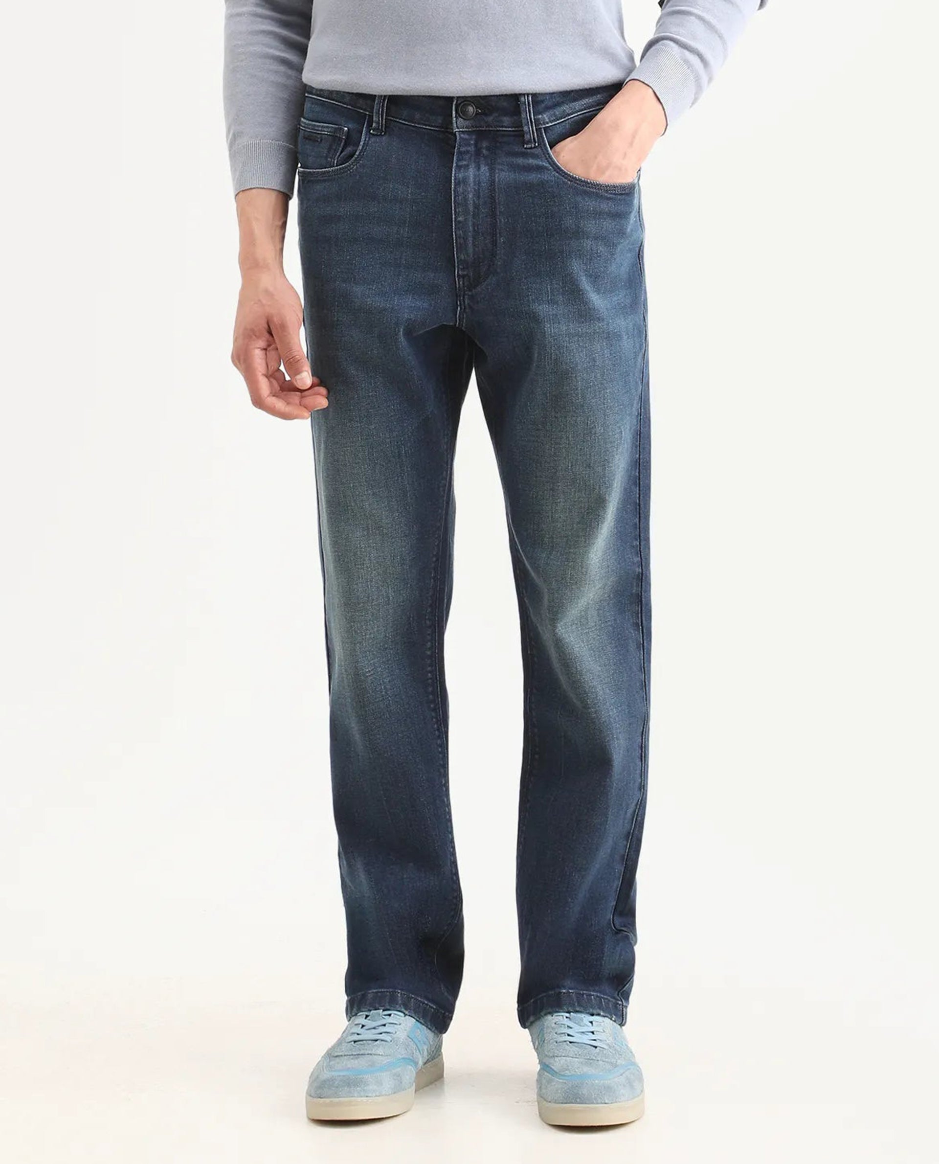 Rare Rabbit Men's Rilo M Dark Blue Cotton Blend Fabric Morris Regular Plain Jeans
