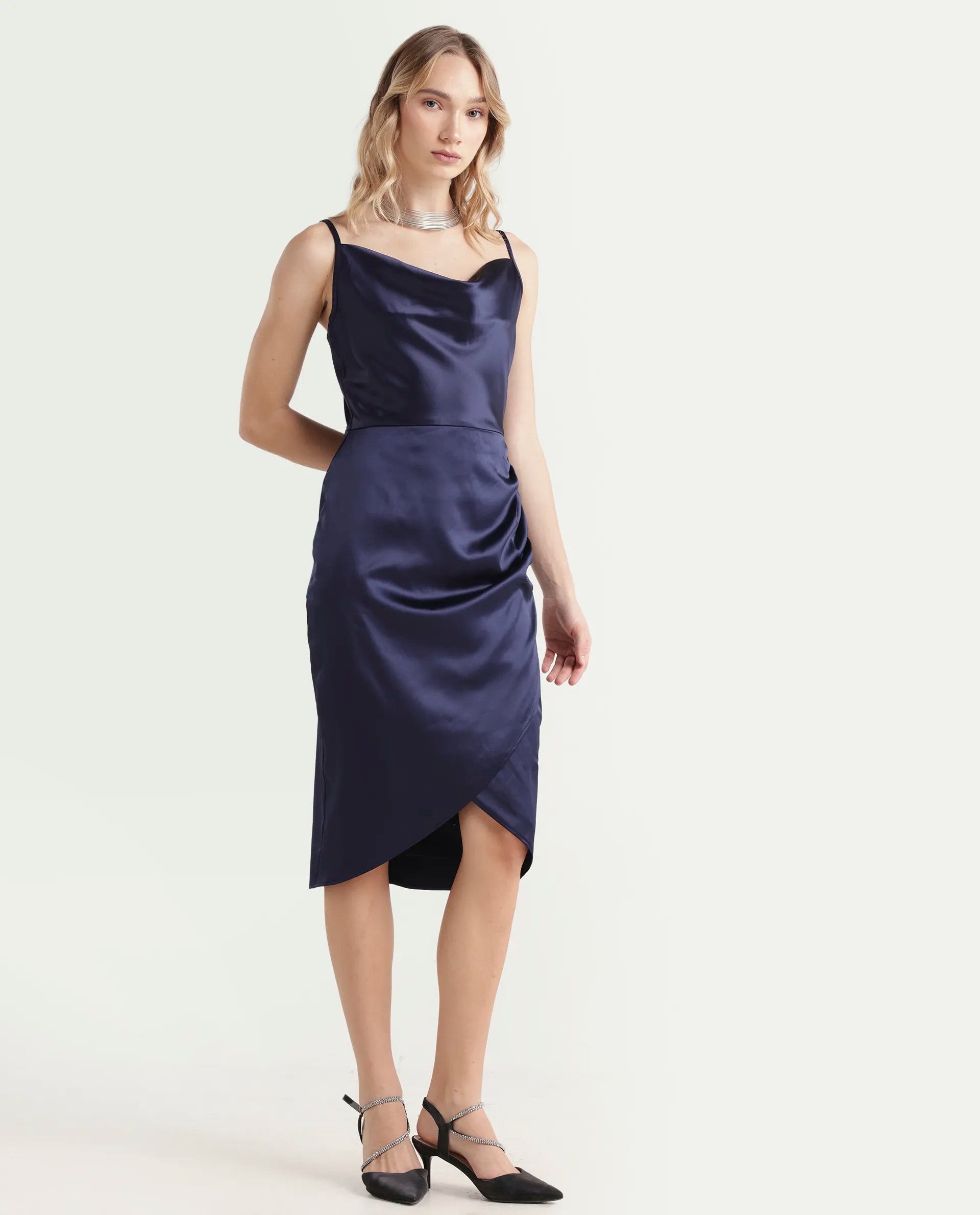 Rareism Women's Rilu Sheen Navy Polyester Blend Cowl Neck Plain Shoulder Strap Knee Length Regular Fit Dress