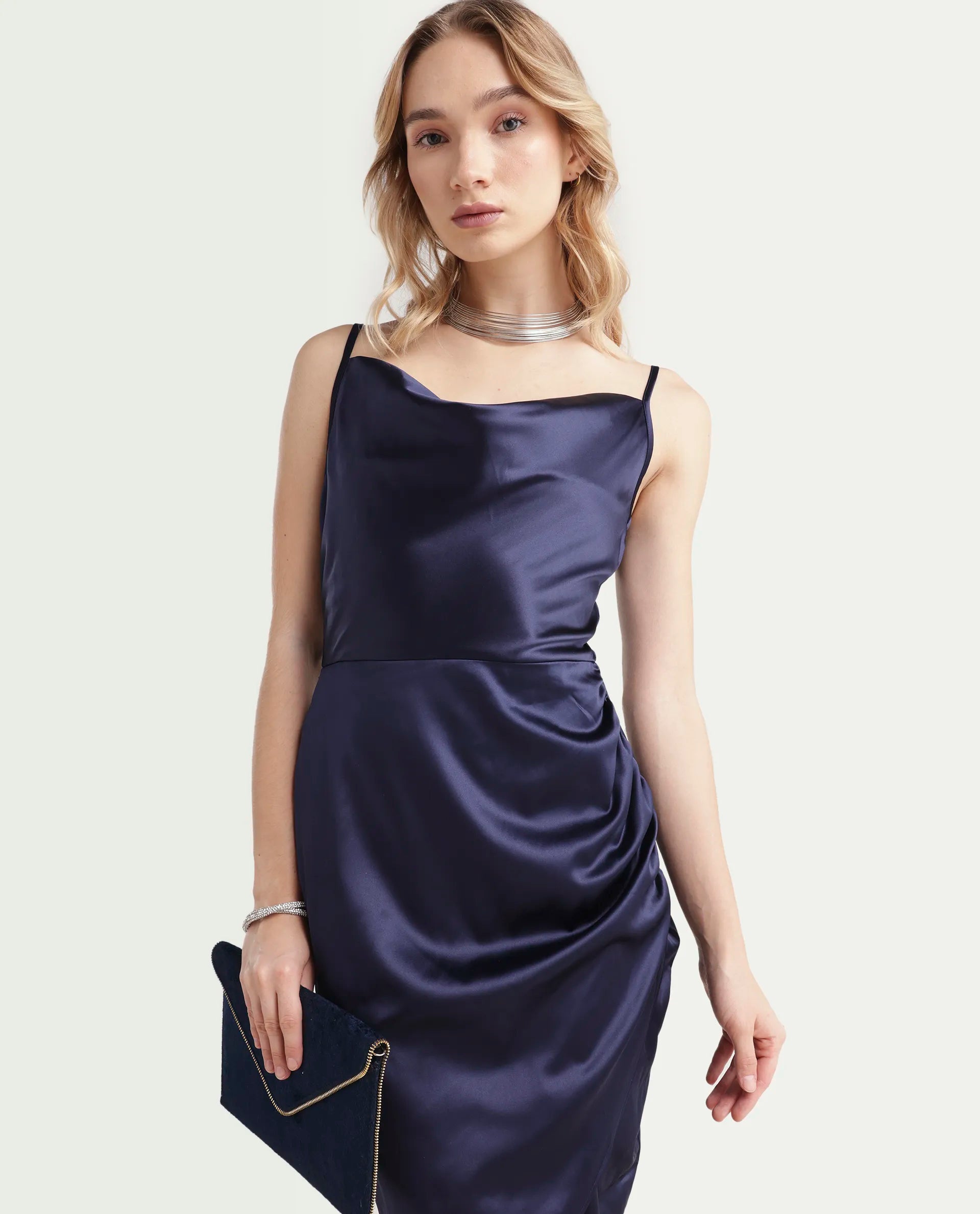 Rareism Women's Rilu Sheen Navy Polyester Blend Cowl Neck Plain Shoulder Strap Knee Length Regular Fit Dress
