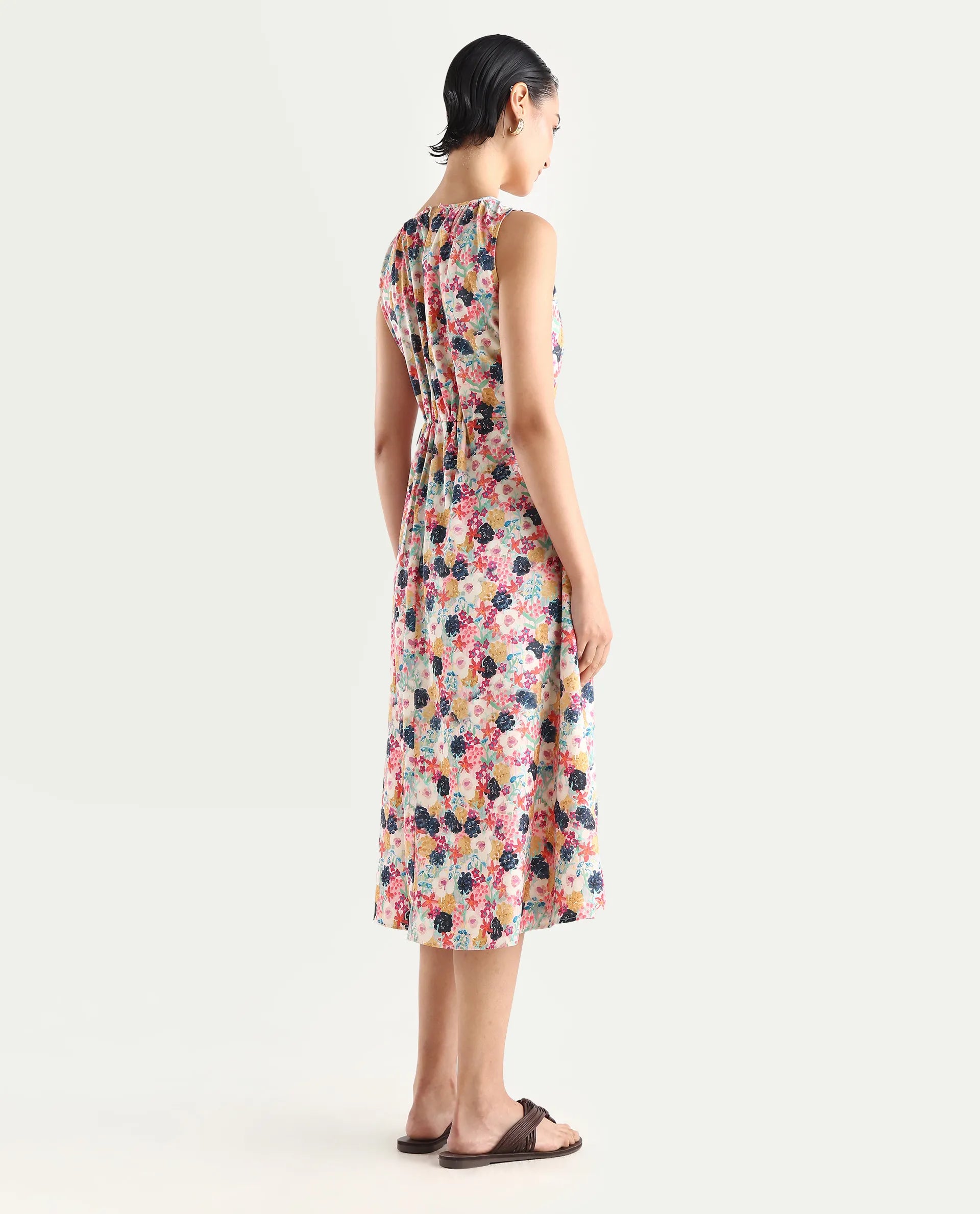 Rareism Women's Rinaf Multi Satin Round Neck Floral Print Sleeveless Midi Fit And Flare Dress