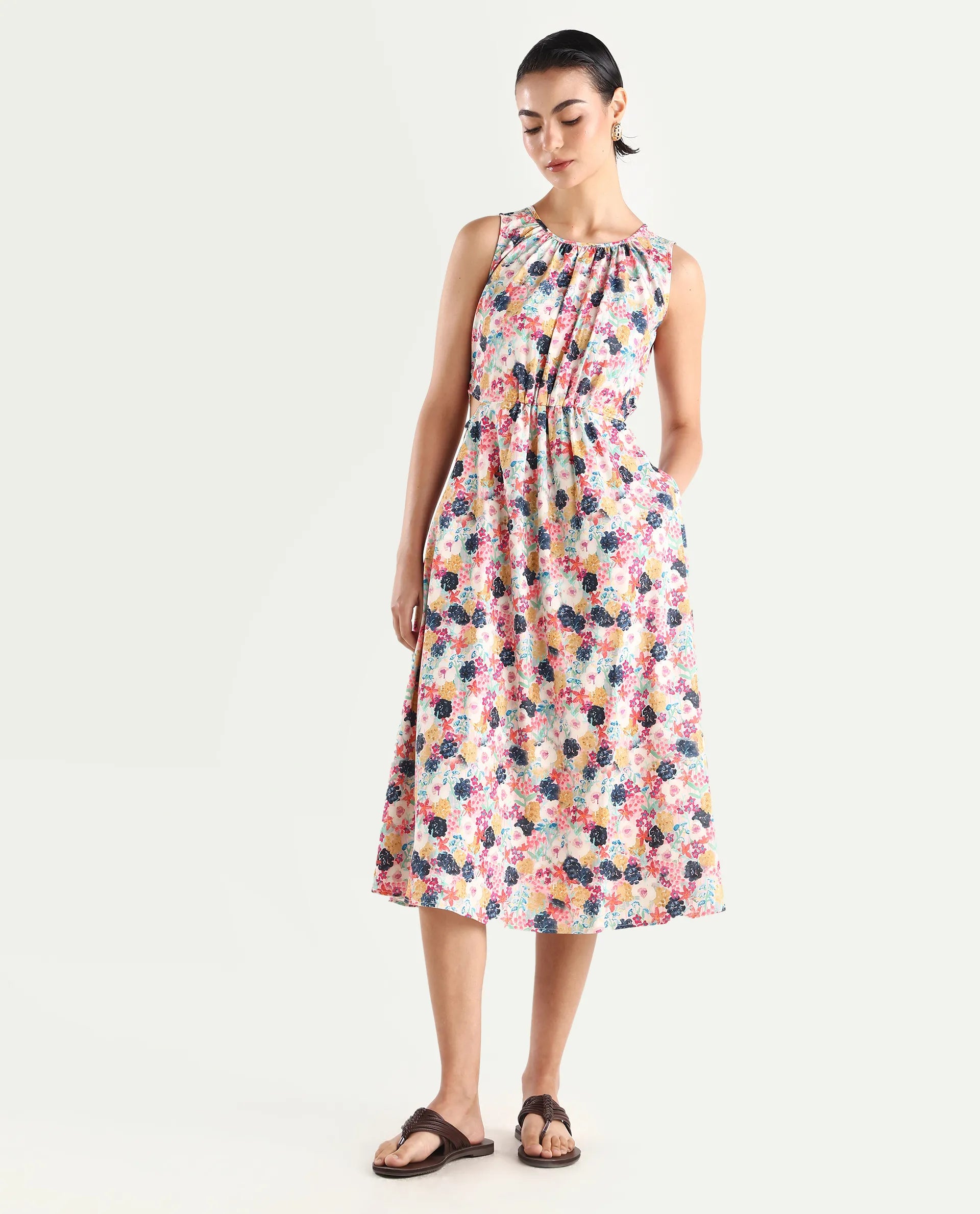 Rareism Women's Rinaf Multi Satin Round Neck Floral Print Sleeveless Midi Fit And Flare Dress